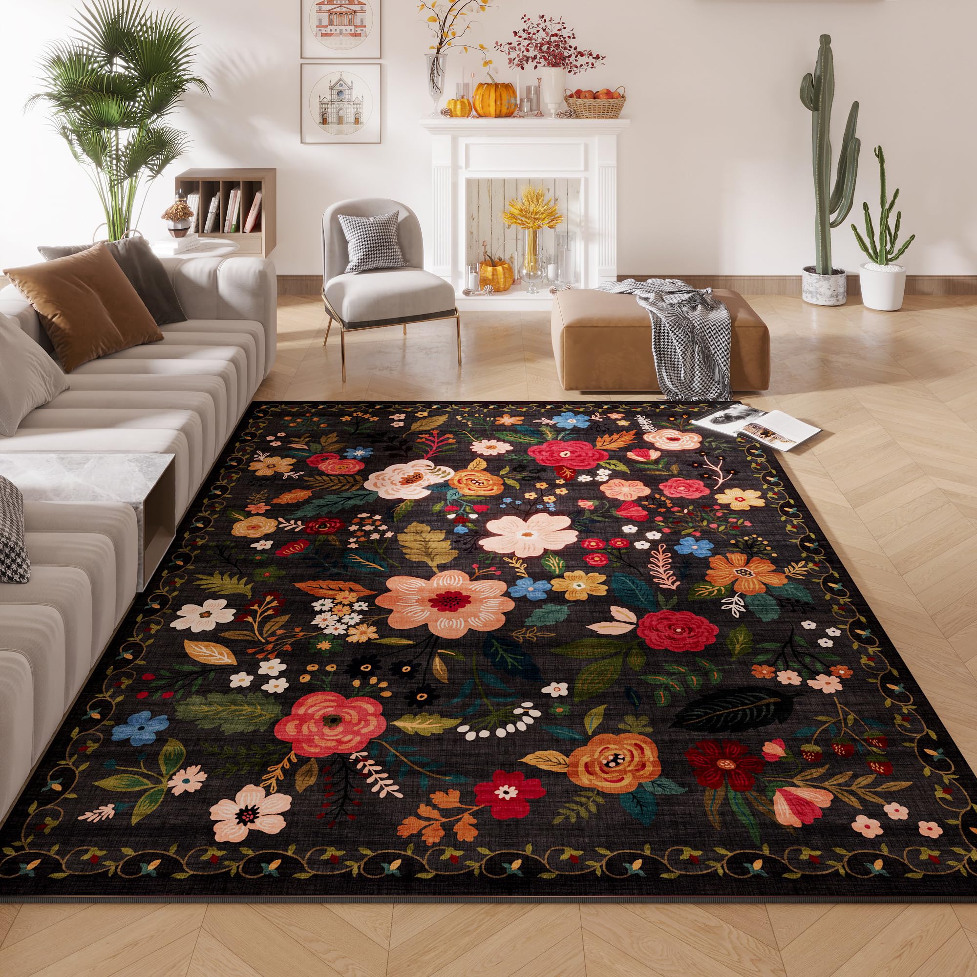 Rugcomf Area Rugs 8x10 Rug for Living Room Clearance Washable Boho Area Rug Non Slip Floral Vintage Low Pile Large Rug for Living Room, Bedroom, Farmhouse, Dining Room, Kids Playroom(Black)