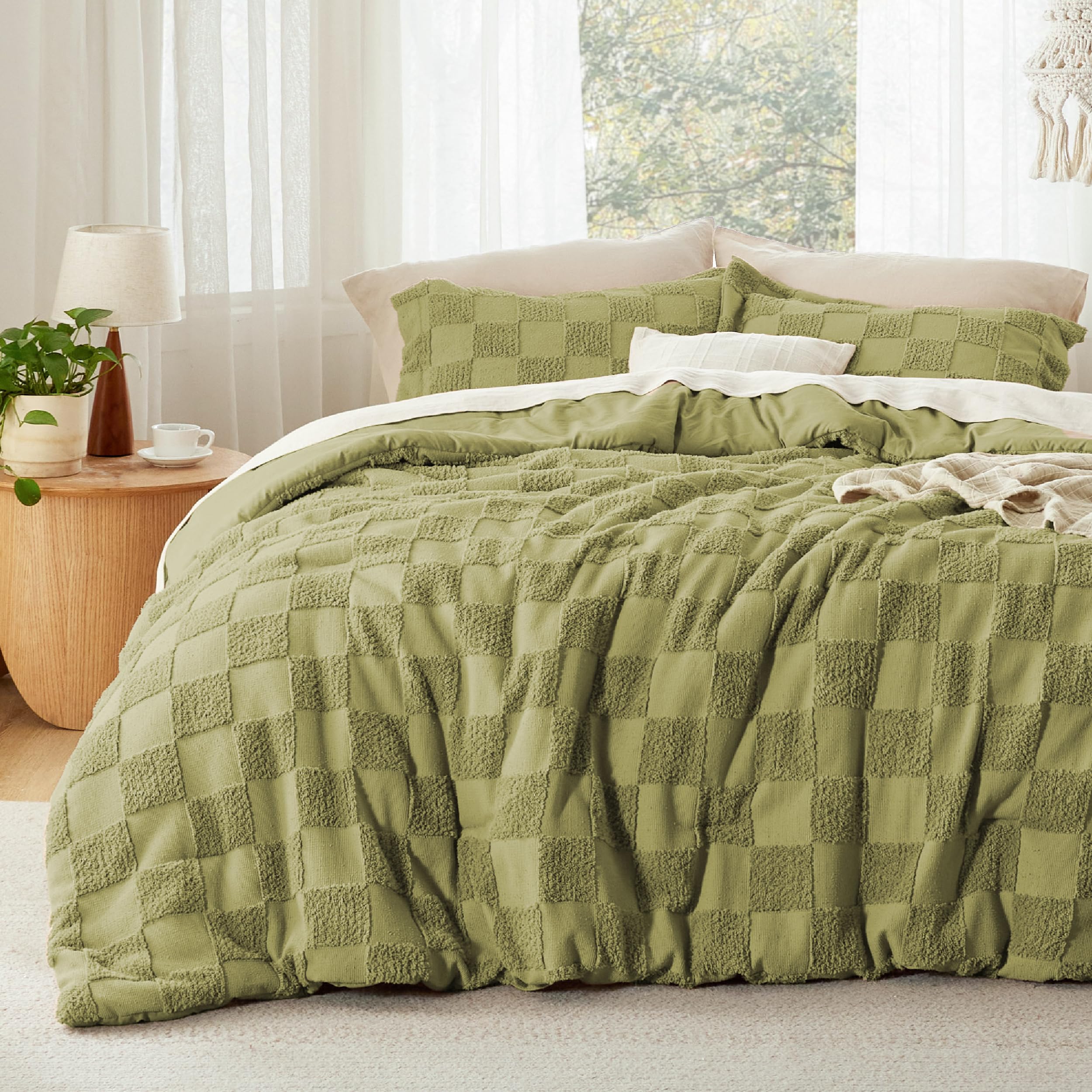 Bedsure King Size Comforter Set Beige, Boho Tufted Bed Set, Checkered Farmhouse-Style Distressed Vintage Bedding, 3 Pieces, 1 Plaid Geometric Comforter and 2 Pillow Shams