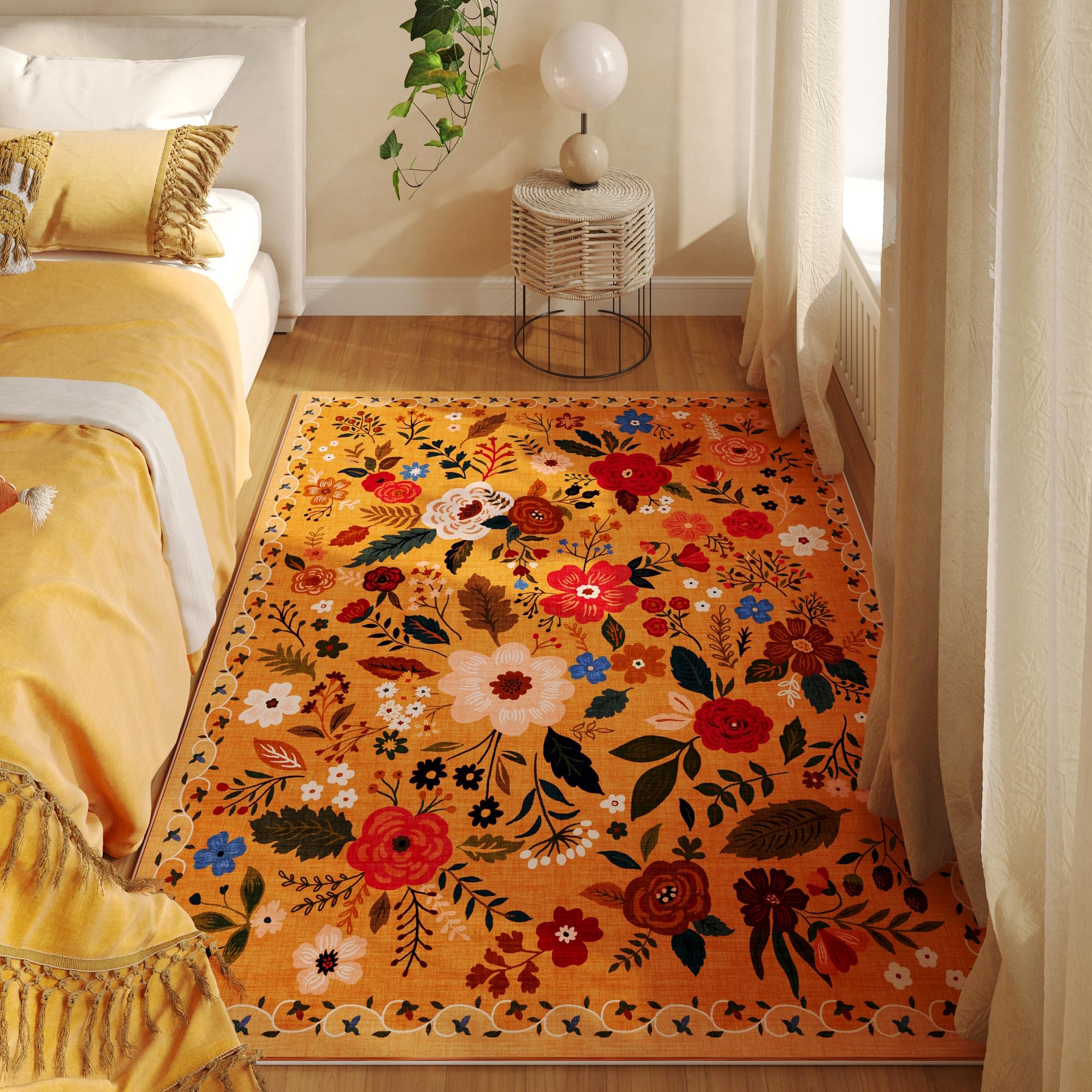 Rugcomf Area Rugs 8x10 Rug for Living Room Clearance Washable Boho Area Rug Non Slip Floral Vintage Low Pile Large Rug for Living Room, Bedroom, Farmhouse, Dining Room, Kids Playroom(Black)