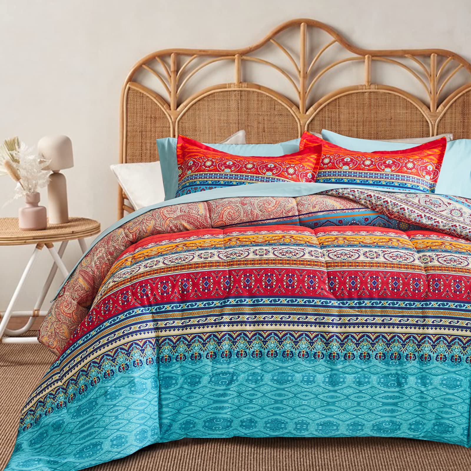 Flysheep Boho Bed in a Bag 7 Pieces King Size, Colorful Bohemian Tribal Pink n Blue Floral Reversible Bed Comforter Set (1 Comforter, 1 Flat Sheet, 1 Fitted Sheet, 2 Pillow Shams, 2 Pillowcases)