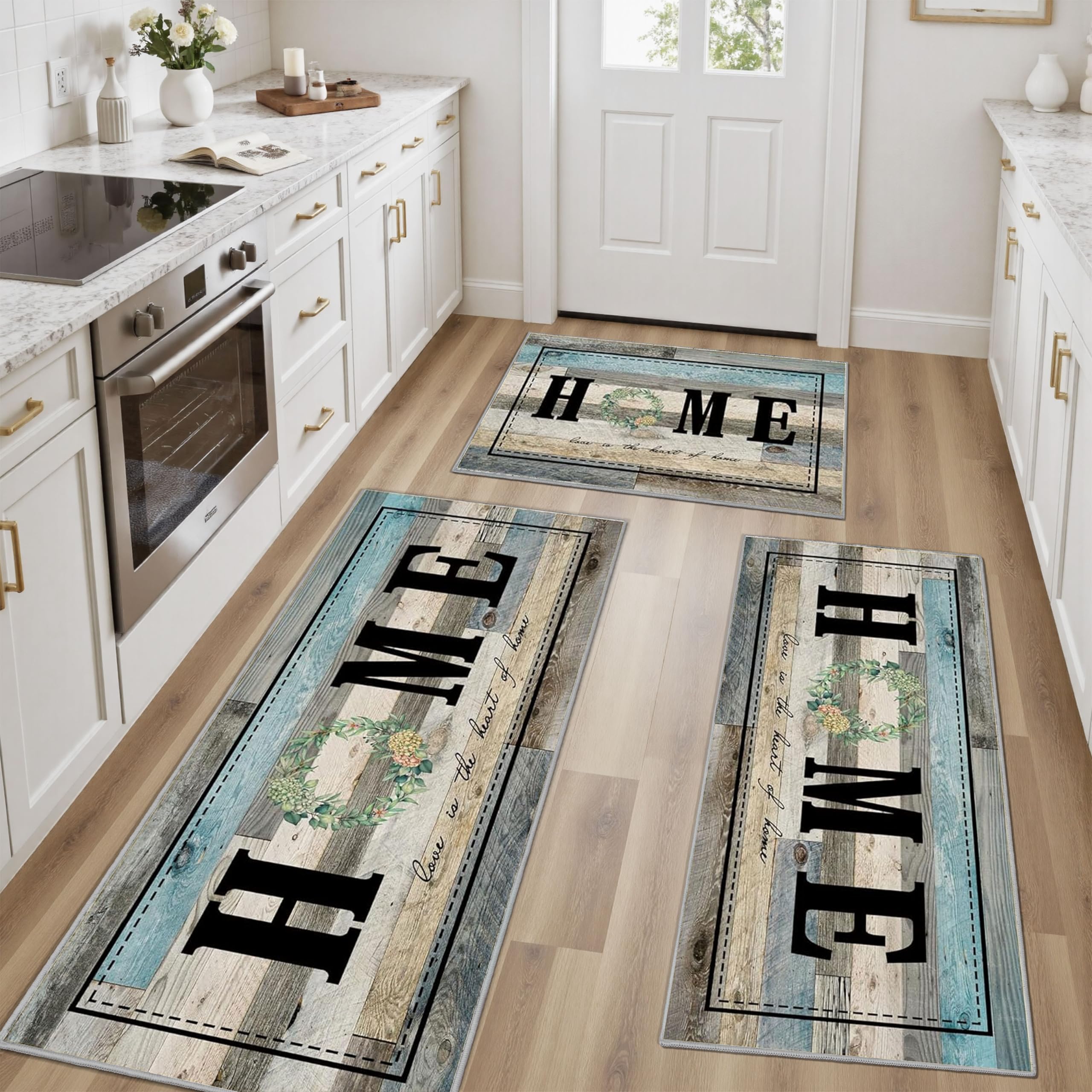 Tritard 100% Non Slip Kitchen Mats for Floor Washable Kitchen Rugs Sets of 3 Farmhouse Kitchen Runner Rug Soft Rustic Kitchen Floor Carpet for Hallway, Laundry, Sink, Office, Brown