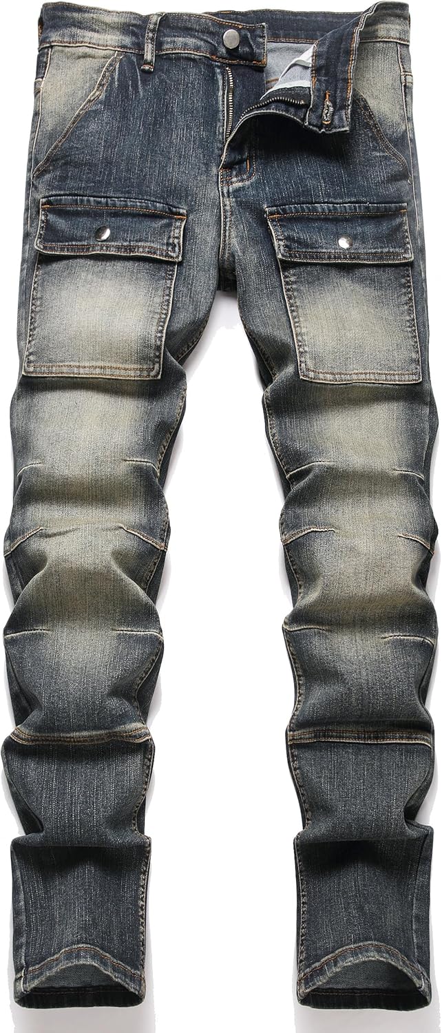 XIMXIMMTIAN Men's Biker Moto Washed Distressed Slim Fit Straight Jeans Denim