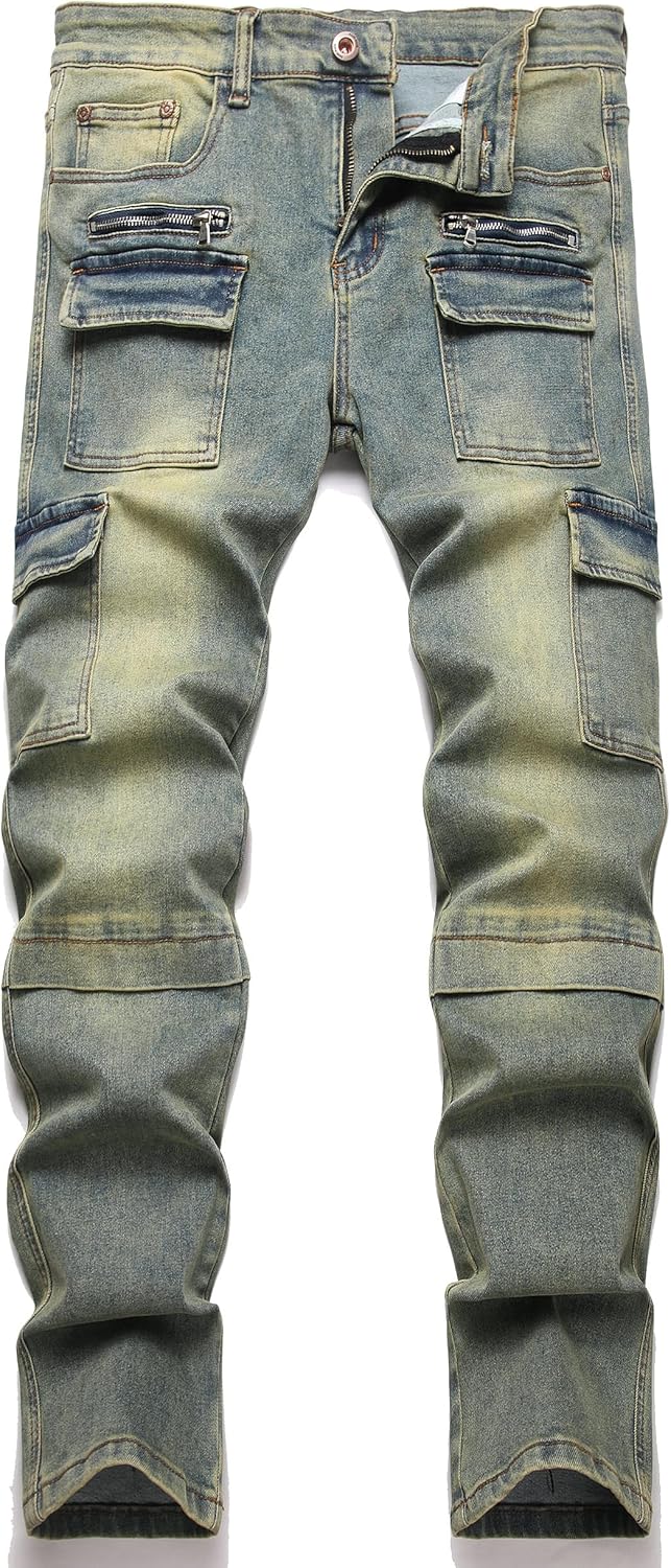 XIMXIMMTIAN Men's Biker Moto Washed Distressed Slim Fit Straight Jeans Denim