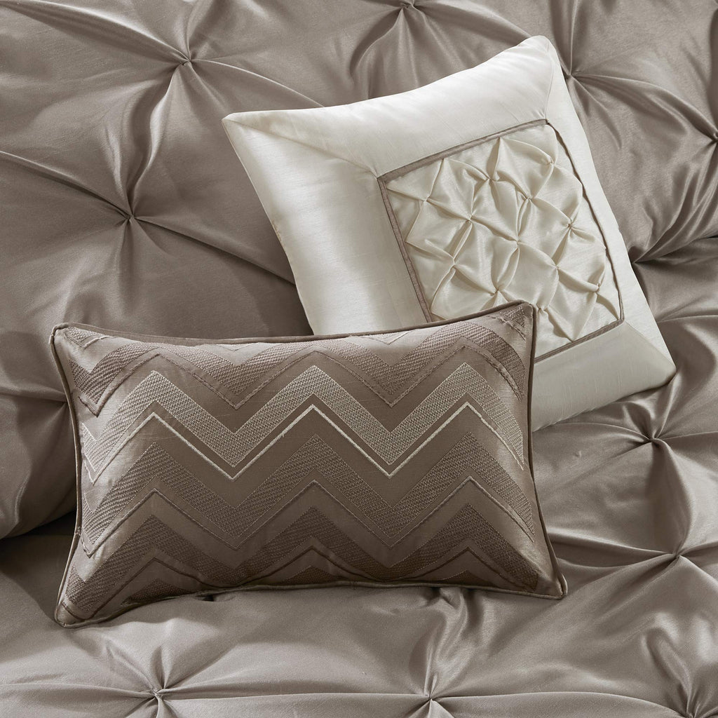 Madison Park Essentials Room in a Bag Faux Silk Comforter Set - Luxe Diamond Tufting All Season Bedding, Matching Curtains, Decorative Pillows, Taupe King(104"x92") 24 Piece