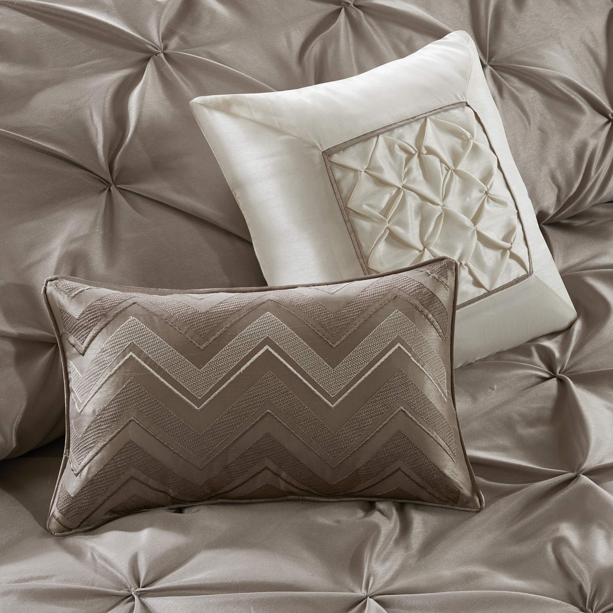 Madison Park Essentials Room in a Bag Faux Silk Comforter Set - Luxe Diamond Tufting All Season Bedding, Matching Curtains, Decorative Pillows, Taupe King(104"x92") 24 Piece