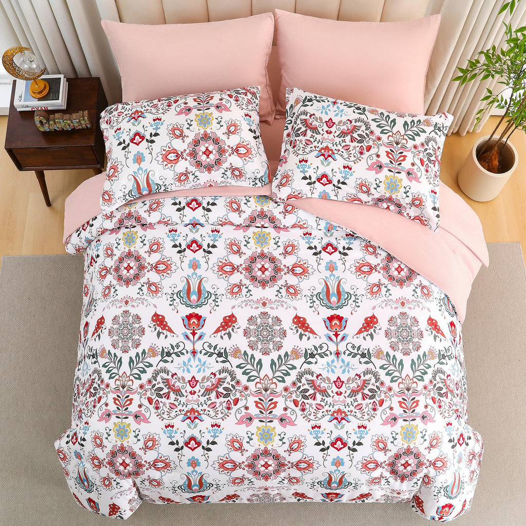 DHSFKBE 7 Piece Bed in a Bag Floral Comforter Set, Botanical Flowers Comforter and Sheet Set, Soft Microfiber Lightweight Bedding Comforter Set for All Season(Dark Floral, King)