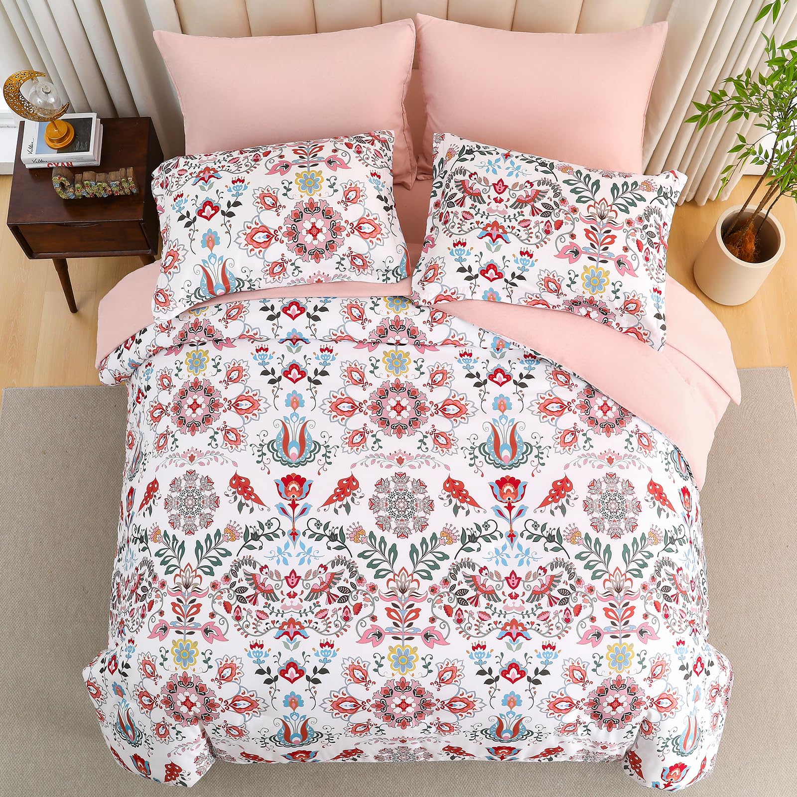 DHSFKBE 7 Piece Bed in a Bag Floral Comforter Set, Botanical Flowers Comforter and Sheet Set, Soft Microfiber Lightweight Bedding Comforter Set for All Season(Dark Floral, King)