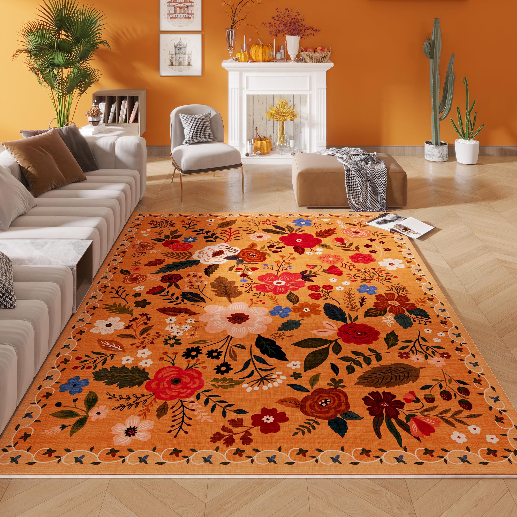 Rugcomf Area Rugs 8x10 Rug for Living Room Clearance Washable Boho Area Rug Non Slip Floral Vintage Low Pile Large Rug for Living Room, Bedroom, Farmhouse, Dining Room, Kids Playroom(Black)