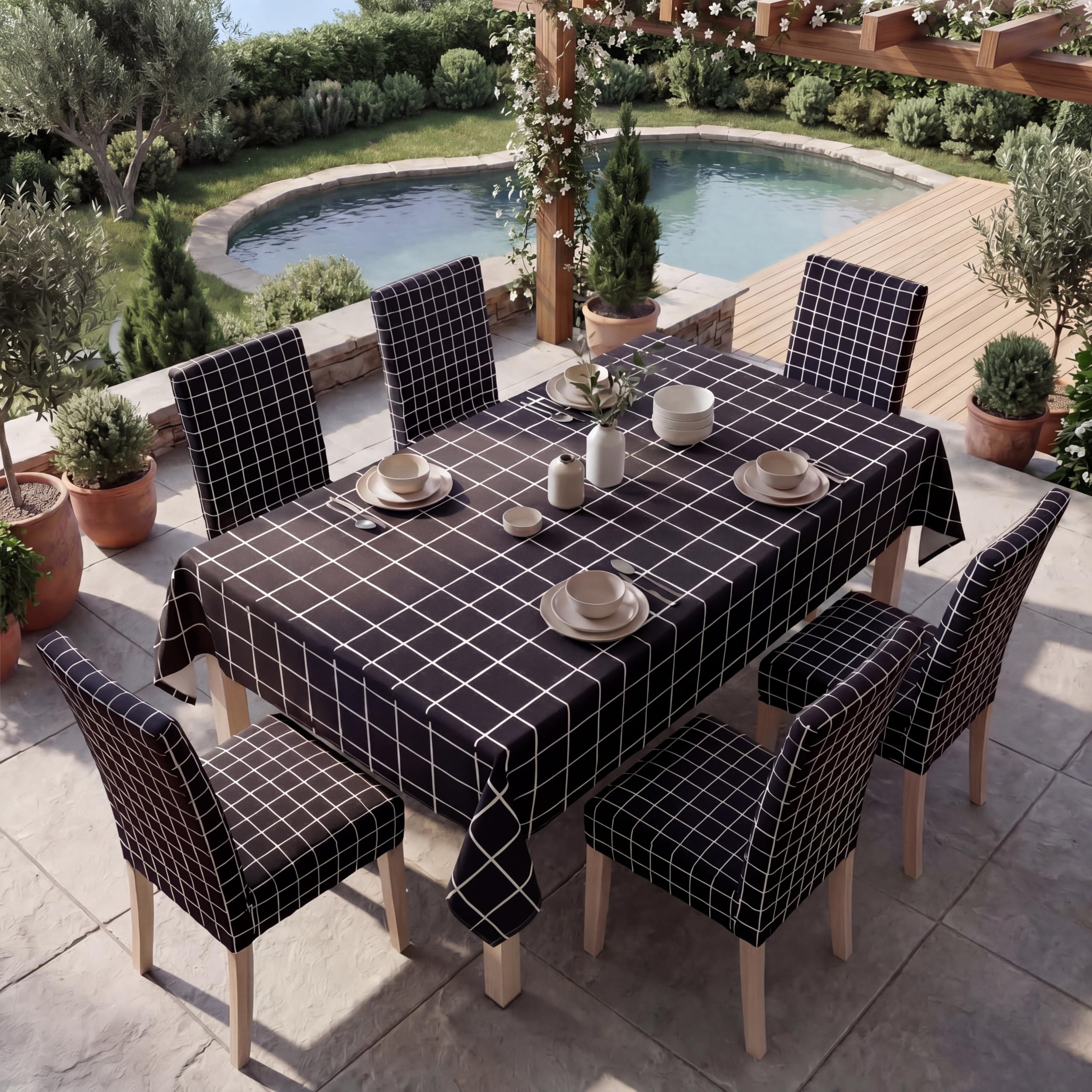 7 Pcs Sunflower Chair Covers and Tablecloth Set 60 x 84 Inch Waterproof Stain Rectangular Table Cover with Stretchable Removable Chair Slipcovers for Dining Room Kitchen Patio Summer Parties
