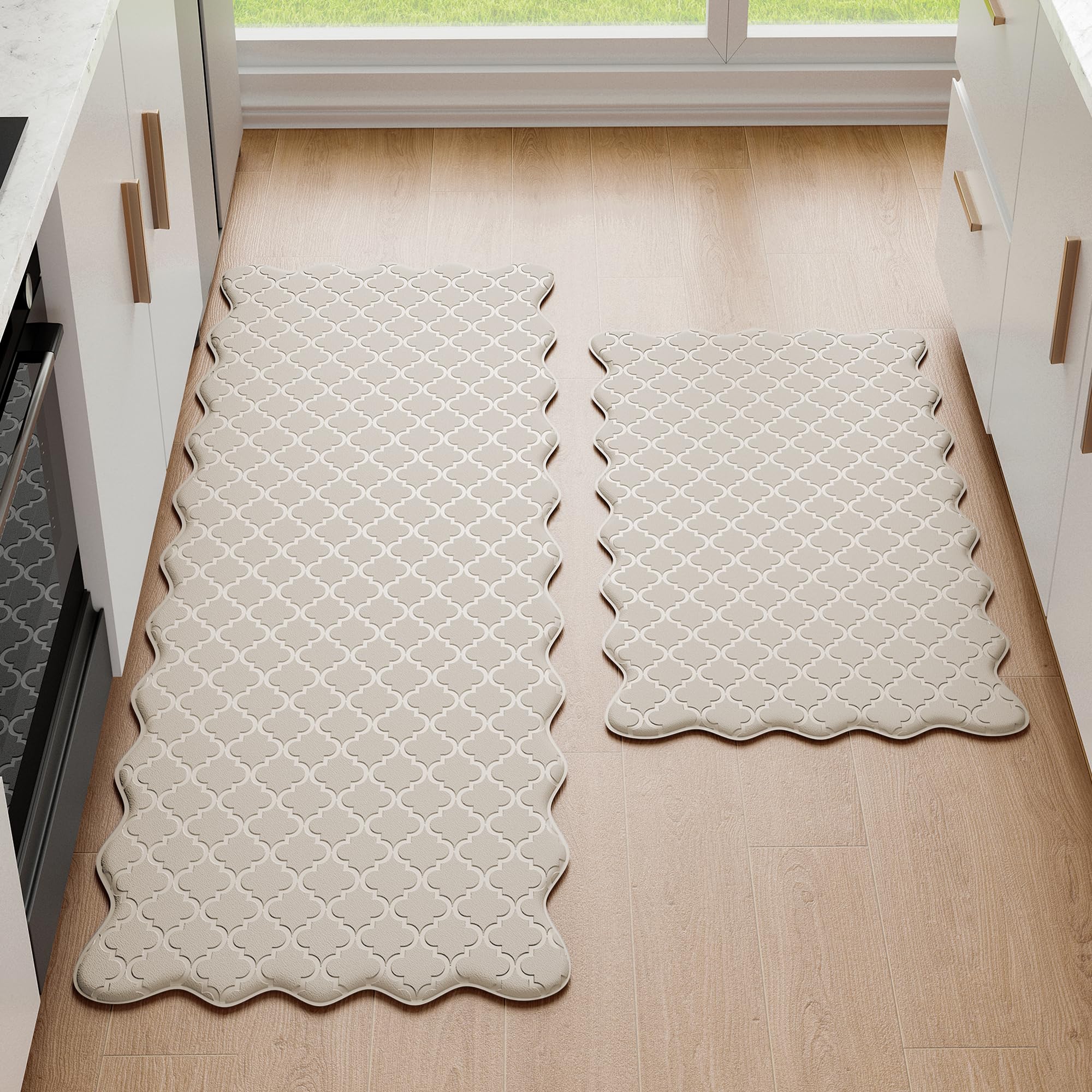 Arenarug Upgrade Scalloped Embossed Kitchen Mats for Floor 2PCS Cushioned Anti Fatigue Waterproof Foam Kitchen Rugs Non Slip Washable Comfort Standing Mat for Office Sink Laundry, Black