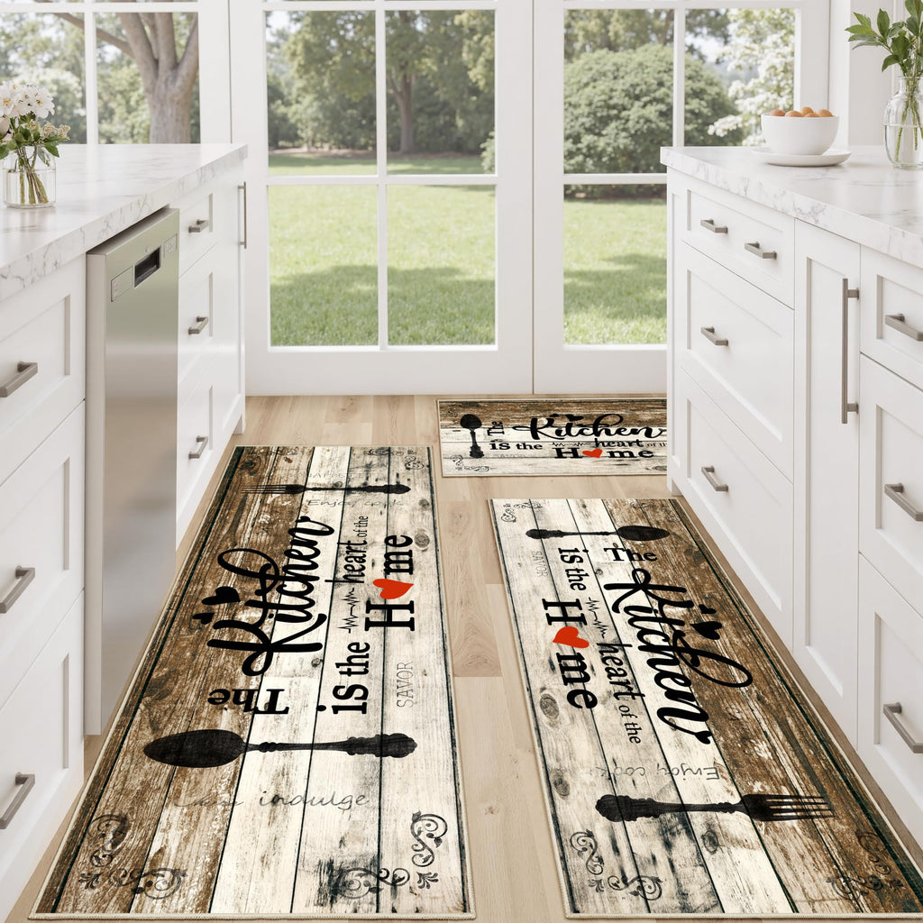 Tritard 100% Non Slip Kitchen Mats for Floor Washable Kitchen Rugs Sets of 3 Farmhouse Kitchen Runner Rug Soft Rustic Kitchen Floor Carpet for Hallway, Laundry, Sink, Office, Brown