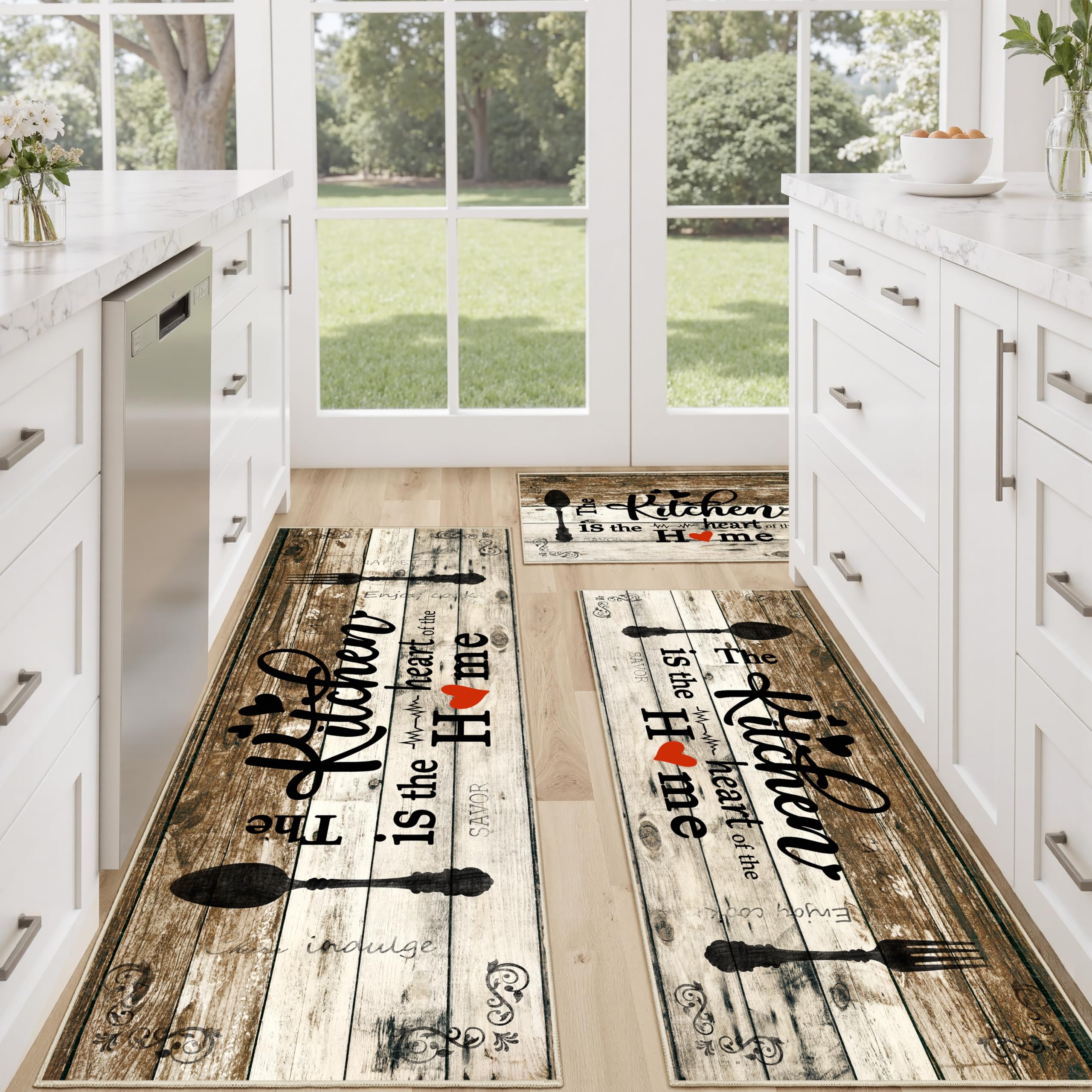 Tritard 100% Non Slip Kitchen Mats for Floor Washable Kitchen Rugs Sets of 3 Farmhouse Kitchen Runner Rug Soft Rustic Kitchen Floor Carpet for Hallway, Laundry, Sink, Office, Brown