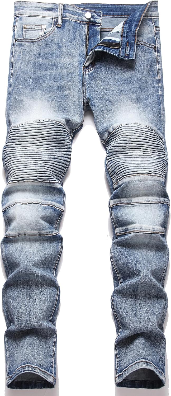 XIMXIMMTIAN Men's Biker Moto Washed Distressed Slim Fit Straight Jeans Denim