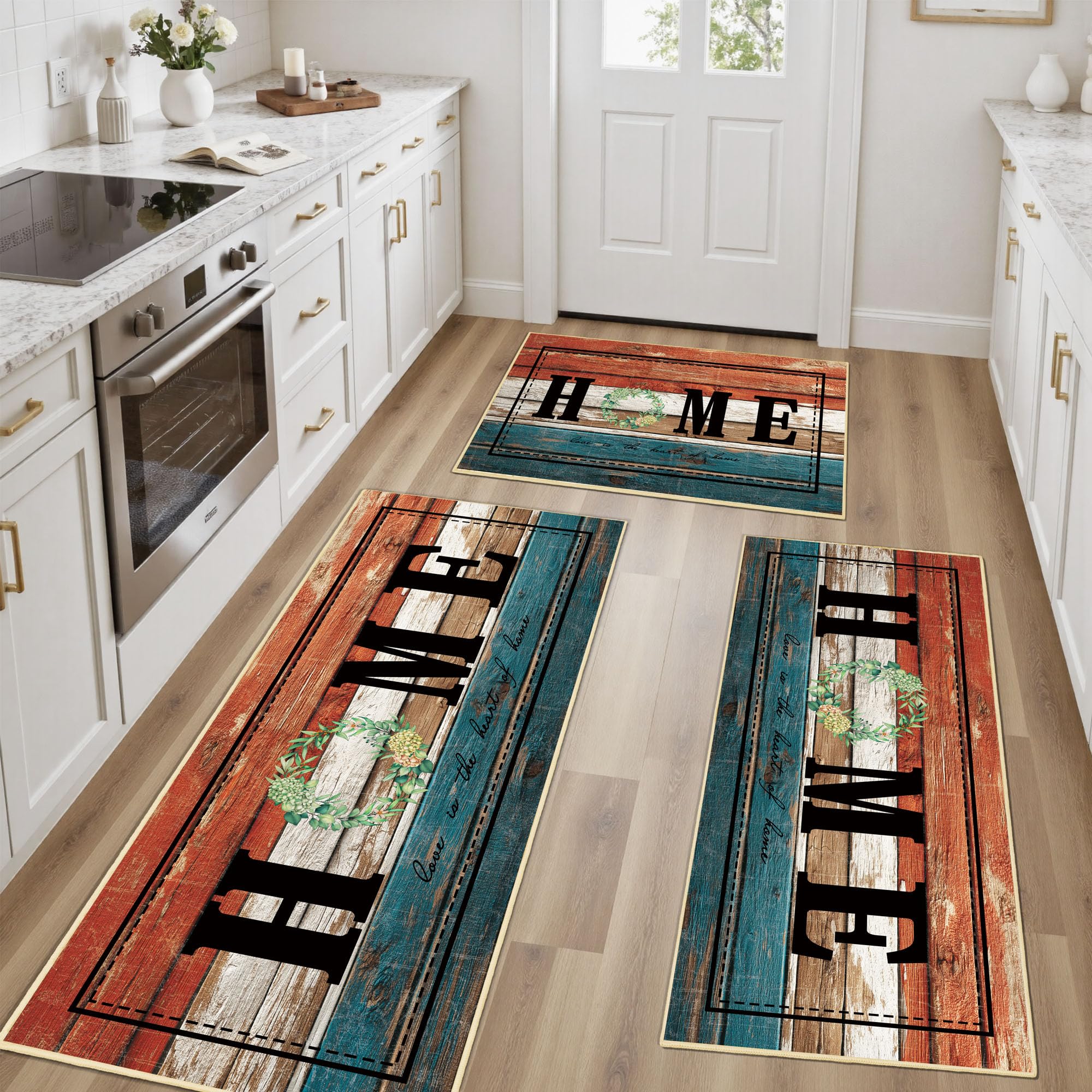 Tritard 100% Non Slip Kitchen Mats for Floor Washable Kitchen Rugs Sets of 3 Farmhouse Kitchen Runner Rug Soft Rustic Kitchen Floor Carpet for Hallway, Laundry, Sink, Office, Brown