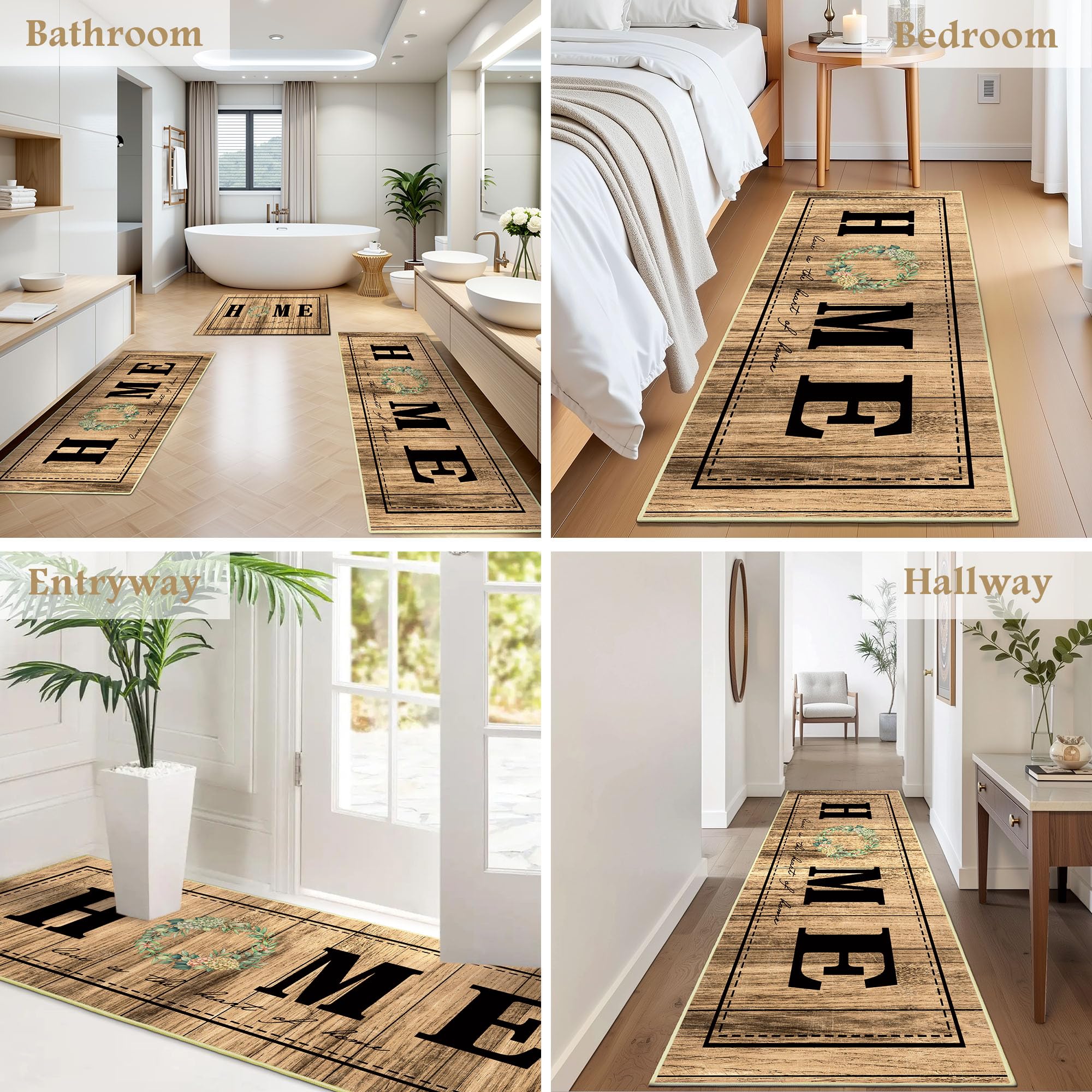 Tritard 100% Non Slip Kitchen Mats for Floor Washable Kitchen Rugs Sets of 3 Farmhouse Kitchen Runner Rug Soft Rustic Kitchen Floor Carpet for Hallway, Laundry, Sink, Office, Brown