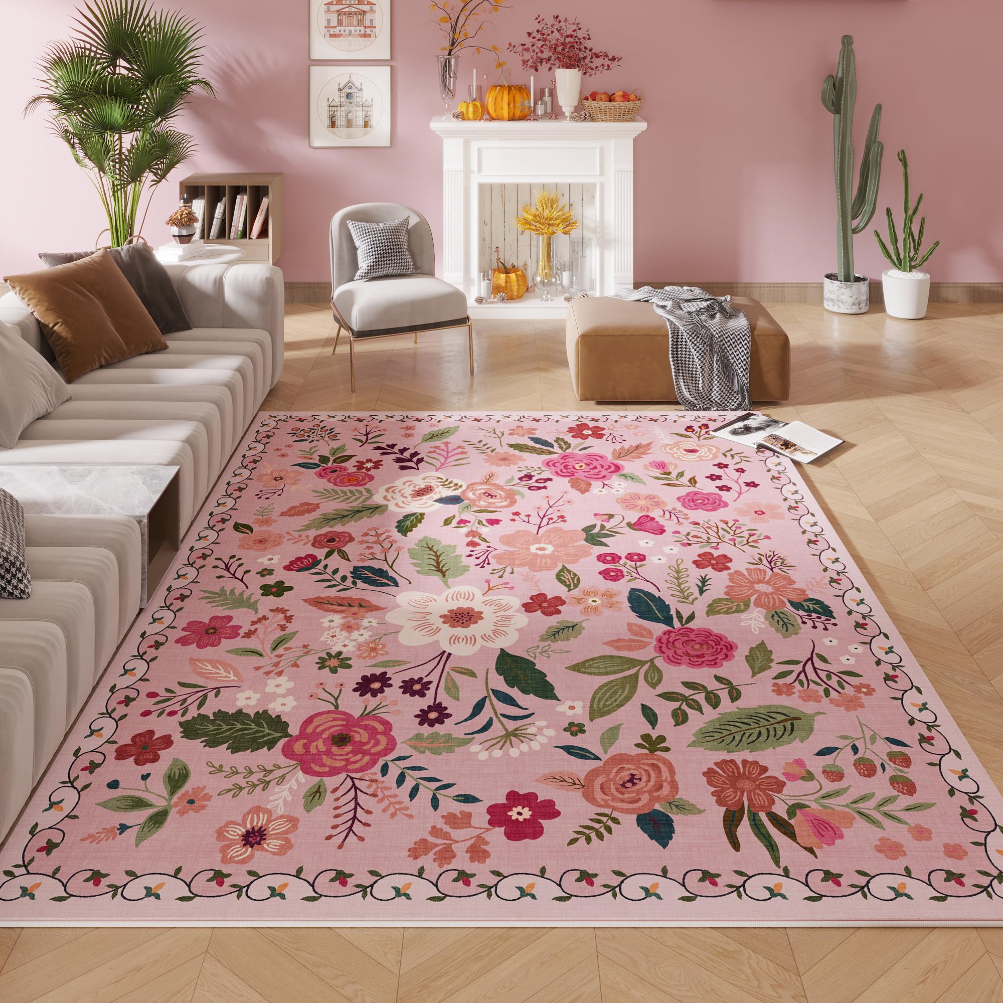 Rugcomf Area Rugs 8x10 Rug for Living Room Clearance Washable Boho Area Rug Non Slip Floral Vintage Low Pile Large Rug for Living Room, Bedroom, Farmhouse, Dining Room, Kids Playroom(Black)
