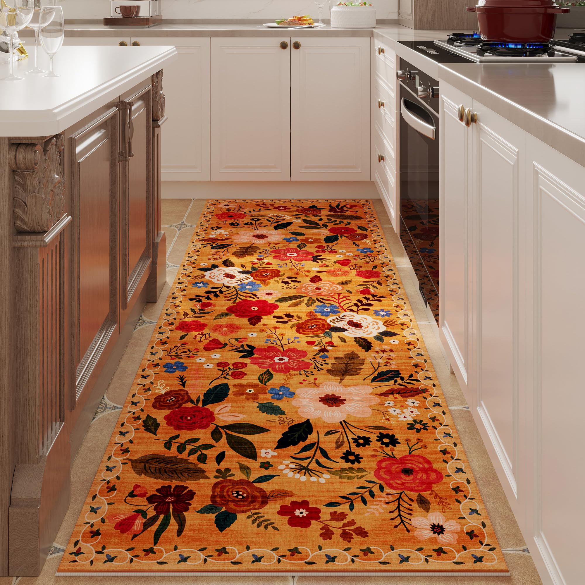 Rugcomf Area Rugs 8x10 Rug for Living Room Clearance Washable Boho Area Rug Non Slip Floral Vintage Low Pile Large Rug for Living Room, Bedroom, Farmhouse, Dining Room, Kids Playroom(Black)