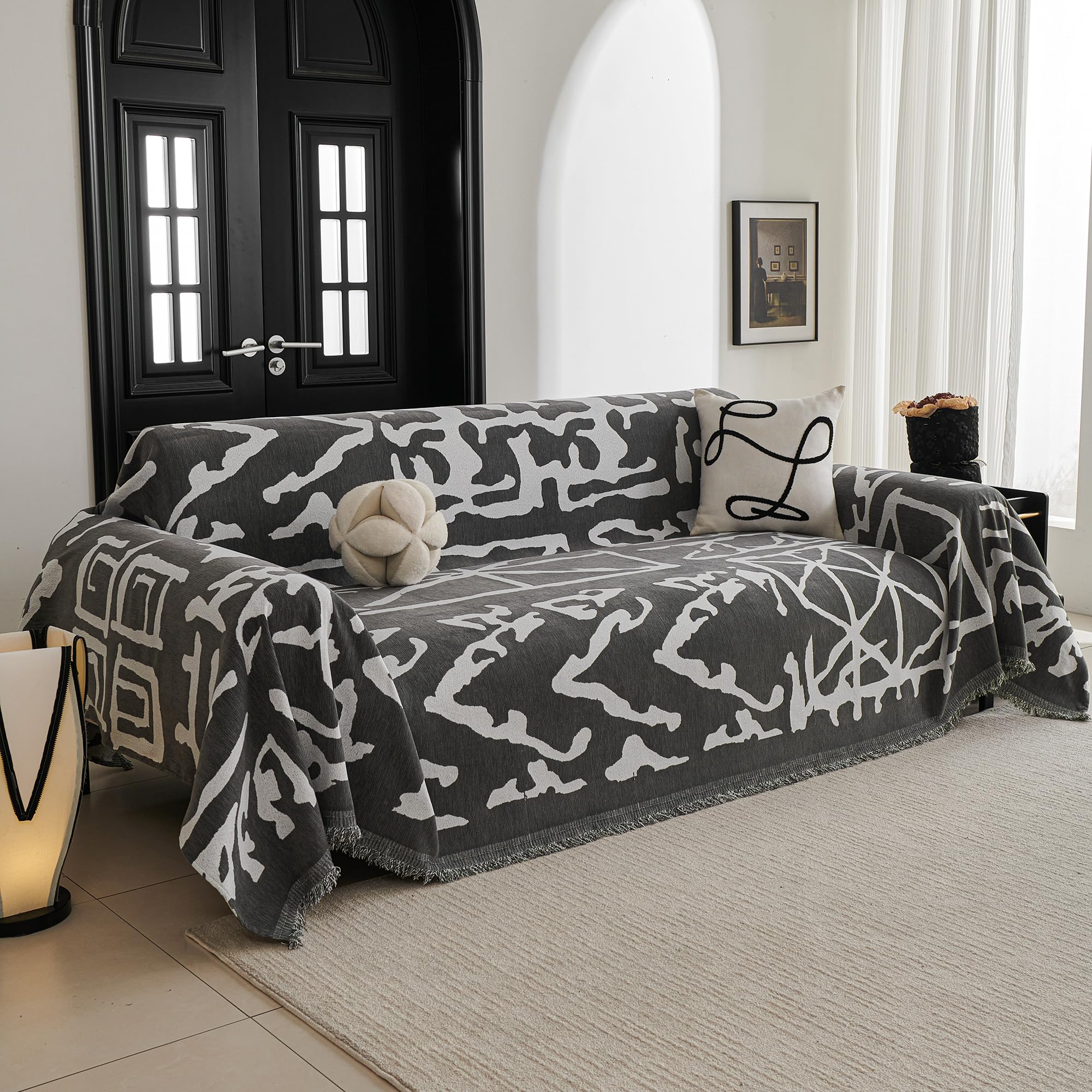 MYSKY HOME Boho Couch Cover Super Soft Couch Covers for 2-3 Cushion Couch Sofa, Modern Grey Jacquard Sofa Slipcover Loveseat Futon Cover, Couch Covers for Sectional Sofa, 71" x 118", Grey Curve