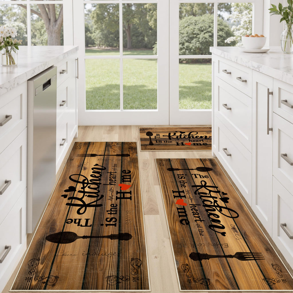Tritard 100% Non Slip Kitchen Mats for Floor Washable Kitchen Rugs Sets of 3 Farmhouse Kitchen Runner Rug Soft Rustic Kitchen Floor Carpet for Hallway, Laundry, Sink, Office, Brown