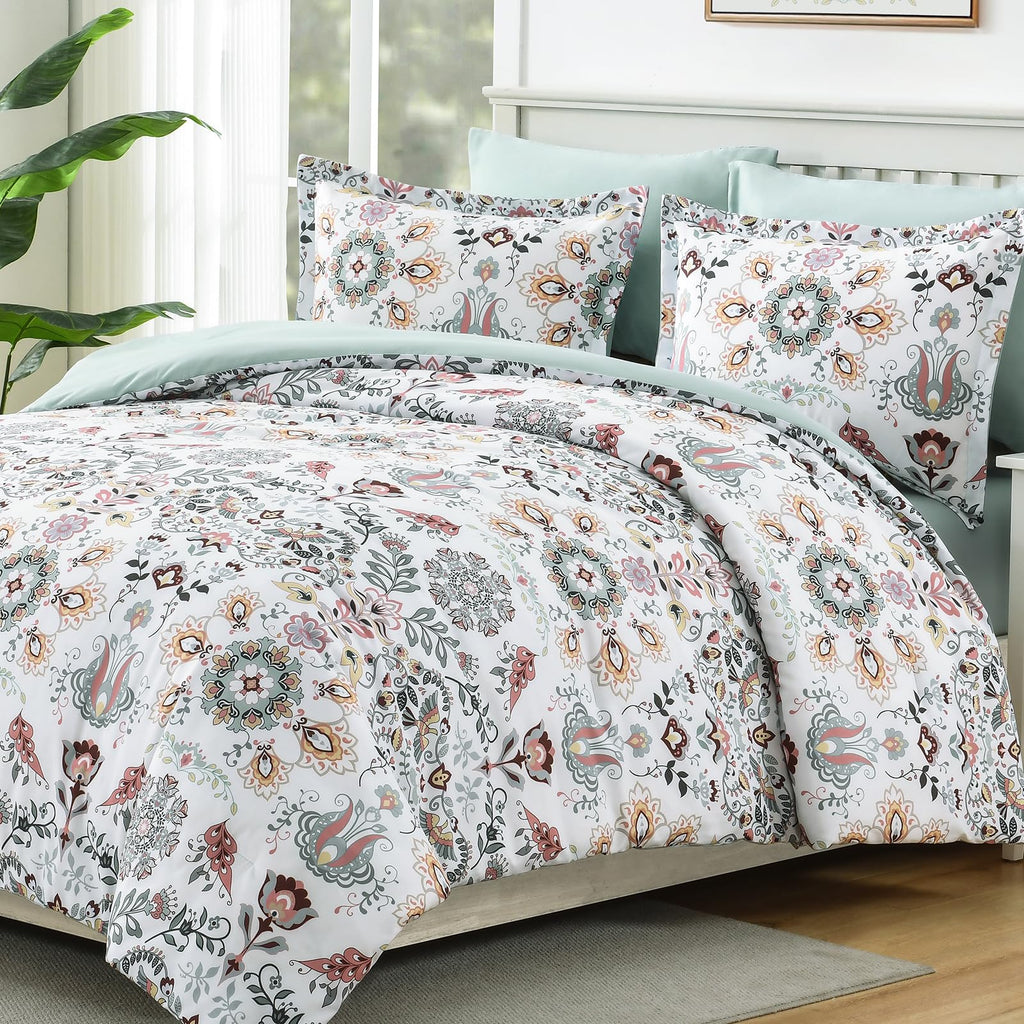 DHSFKBE 7 Piece Bed in a Bag Floral Comforter Set, Botanical Flowers Comforter and Sheet Set, Soft Microfiber Lightweight Bedding Comforter Set for All Season(Dark Floral, King)