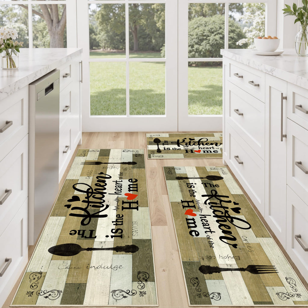 Tritard 100% Non Slip Kitchen Mats for Floor Washable Kitchen Rugs Sets of 3 Farmhouse Kitchen Runner Rug Soft Rustic Kitchen Floor Carpet for Hallway, Laundry, Sink, Office, Brown
