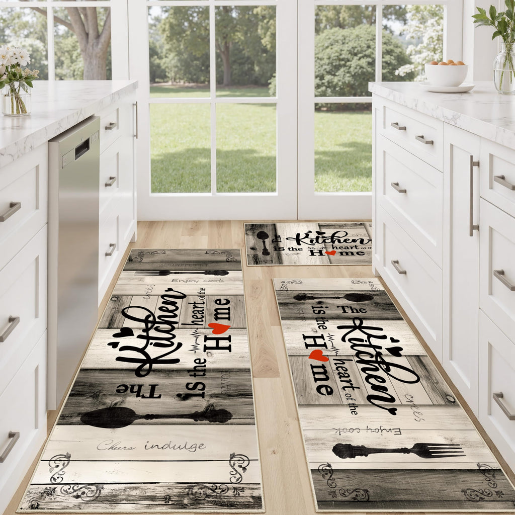 Tritard 100% Non Slip Kitchen Mats for Floor Washable Kitchen Rugs Sets of 3 Farmhouse Kitchen Runner Rug Soft Rustic Kitchen Floor Carpet for Hallway, Laundry, Sink, Office, Brown