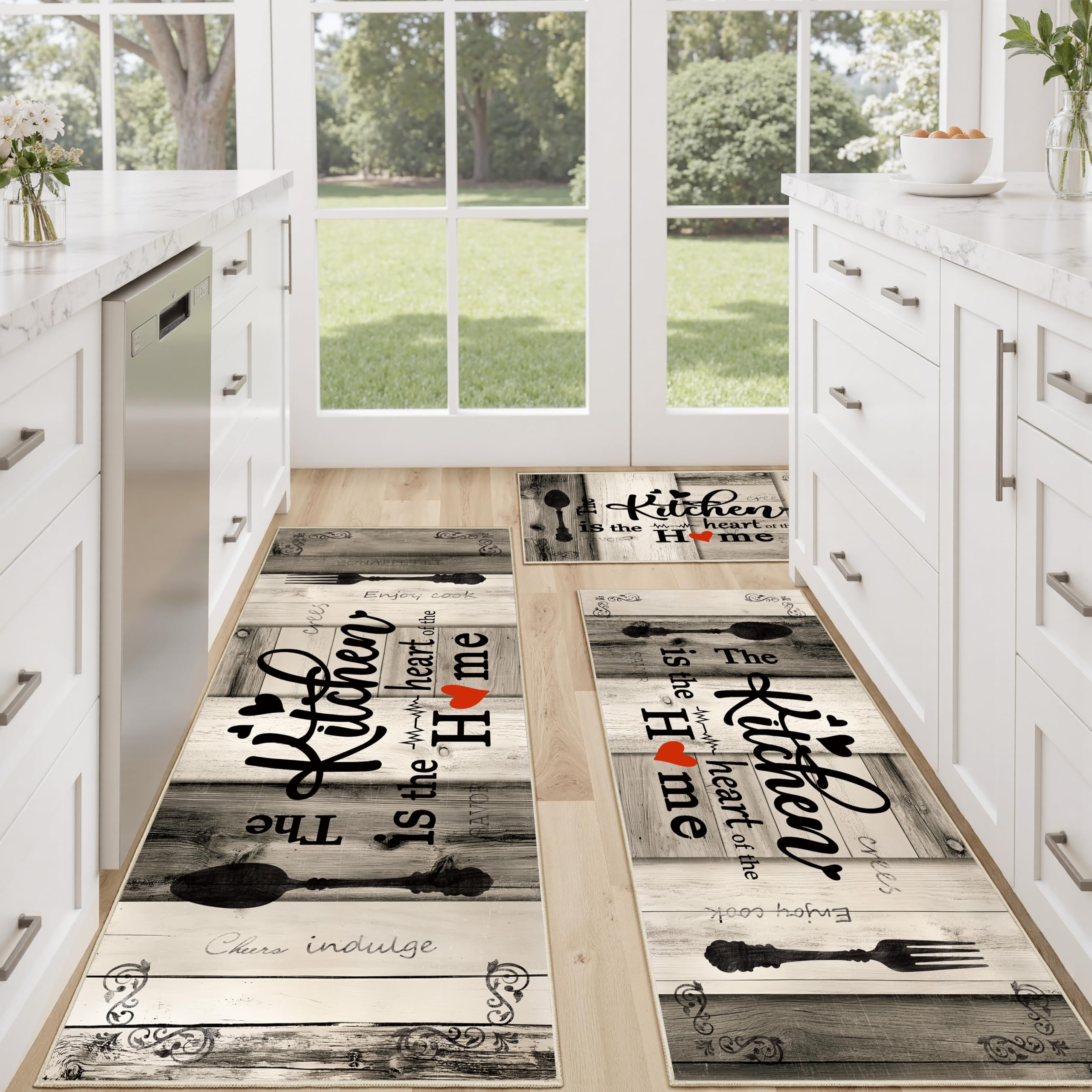 Tritard 100% Non Slip Kitchen Mats for Floor Washable Kitchen Rugs Sets of 3 Farmhouse Kitchen Runner Rug Soft Rustic Kitchen Floor Carpet for Hallway, Laundry, Sink, Office, Brown