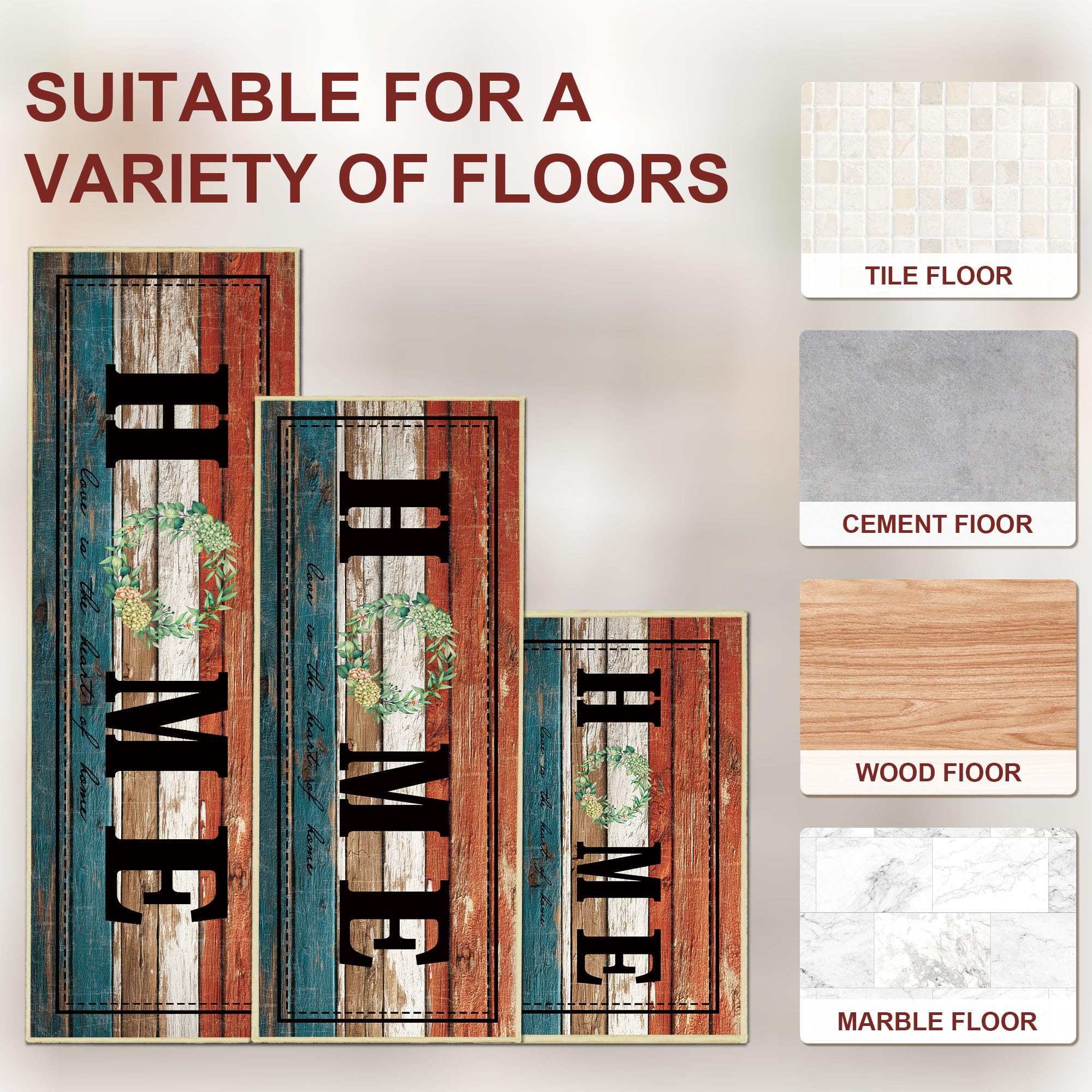 Tritard 100% Non Slip Kitchen Mats for Floor Washable Kitchen Rugs Sets of 3 Farmhouse Kitchen Runner Rug Soft Rustic Kitchen Floor Carpet for Hallway, Laundry, Sink, Office, Brown