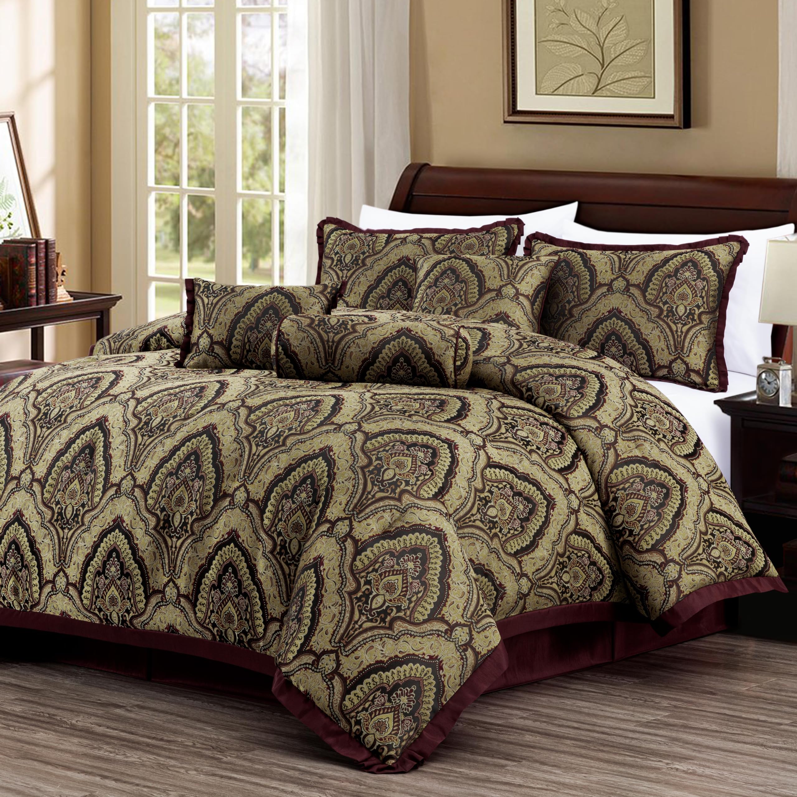 Chezmoi Collection Adelle 7-Piece Paisley Jacquard Embroidered Comforter Bedding Set, King Size
