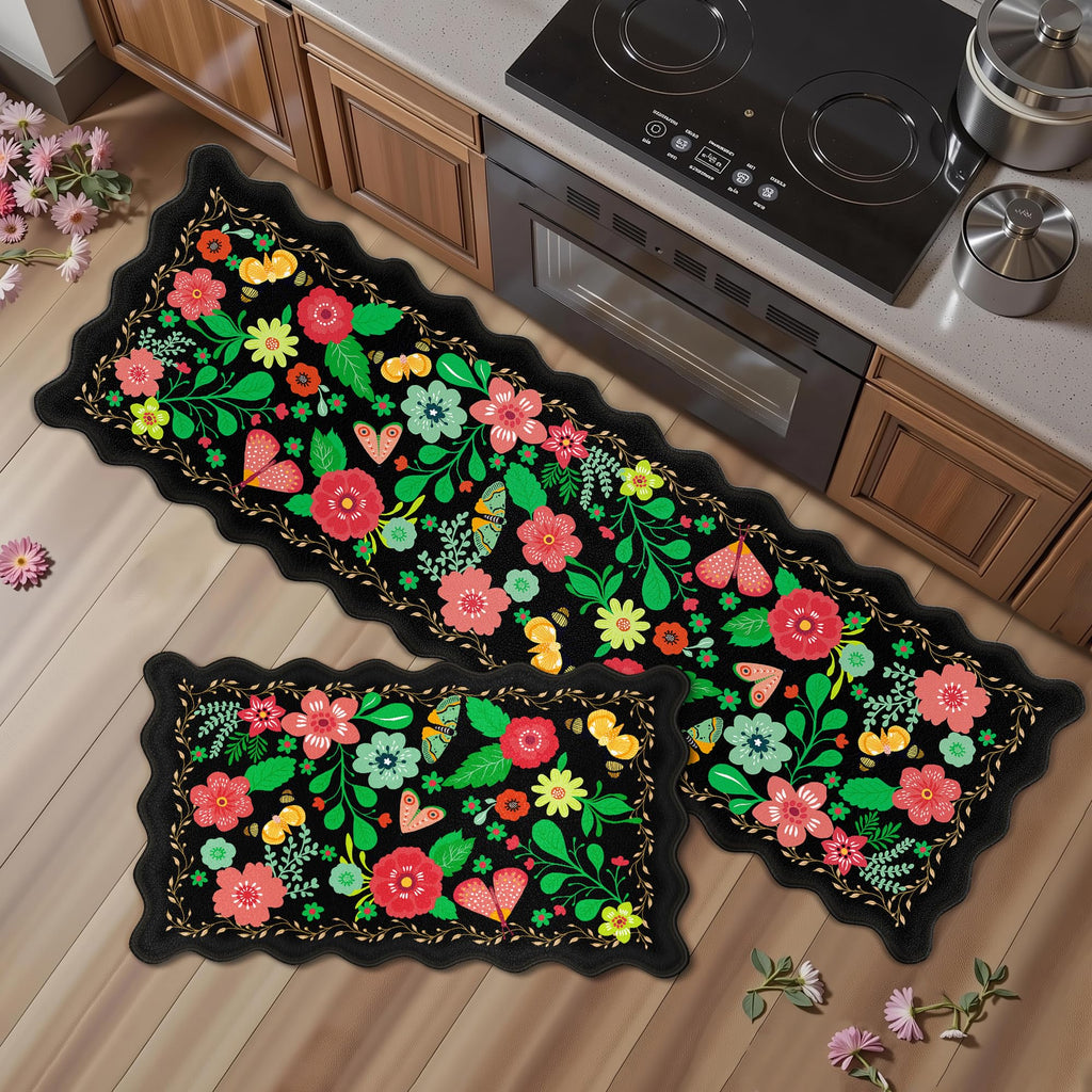 Arenarug Upgrade Scalloped Embossed Kitchen Mats for Floor 2PCS Cushioned Anti Fatigue Waterproof Foam Kitchen Rugs Non Slip Washable Comfort Standing Mat for Office Sink Laundry, Black