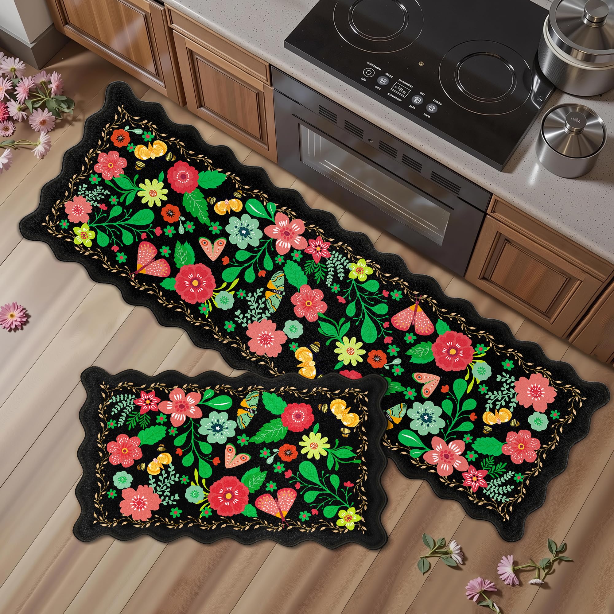 Arenarug Upgrade Scalloped Embossed Kitchen Mats for Floor 2PCS Cushioned Anti Fatigue Waterproof Foam Kitchen Rugs Non Slip Washable Comfort Standing Mat for Office Sink Laundry, Black