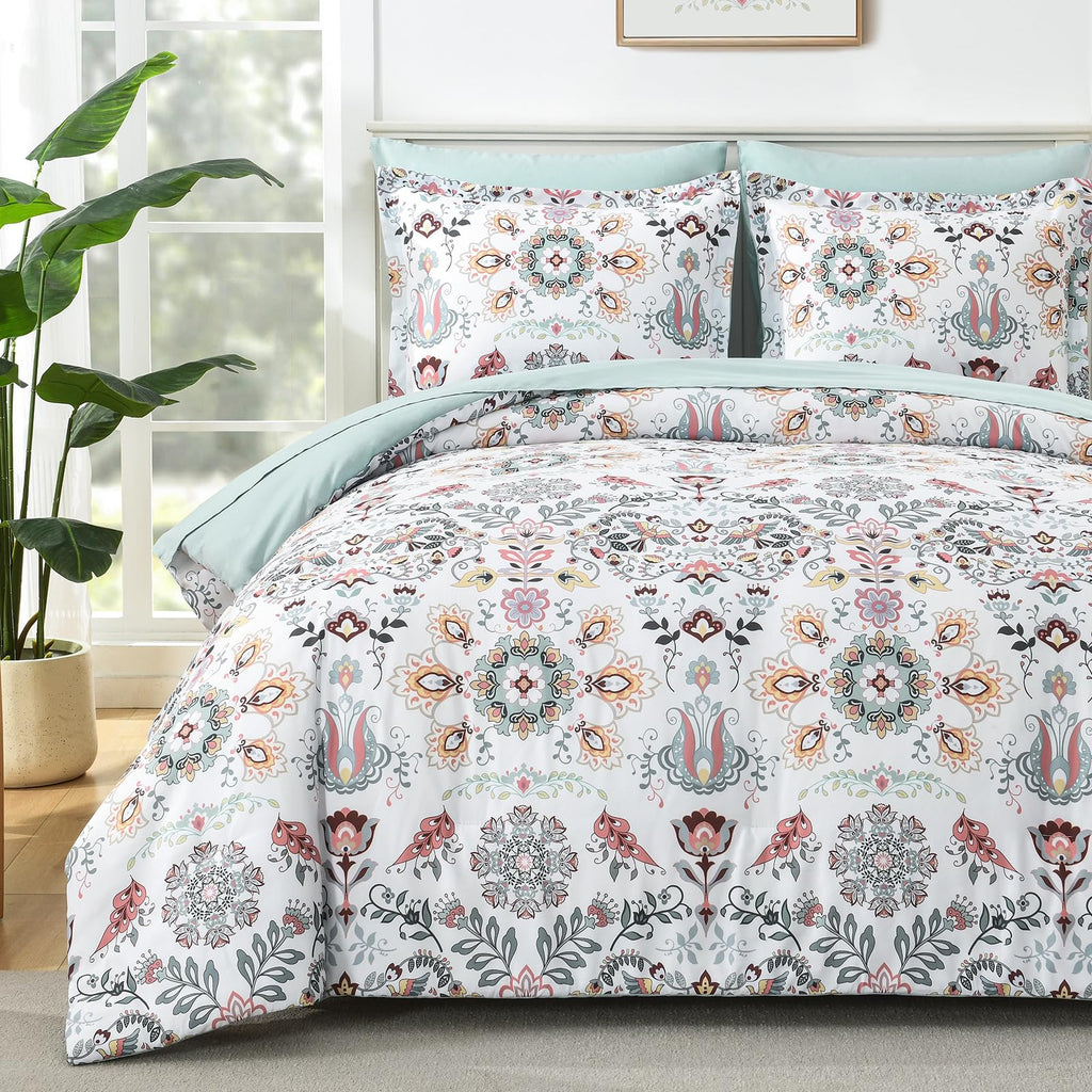 DHSFKBE 7 Piece Bed in a Bag Floral Comforter Set, Botanical Flowers Comforter and Sheet Set, Soft Microfiber Lightweight Bedding Comforter Set for All Season(Dark Floral, King)