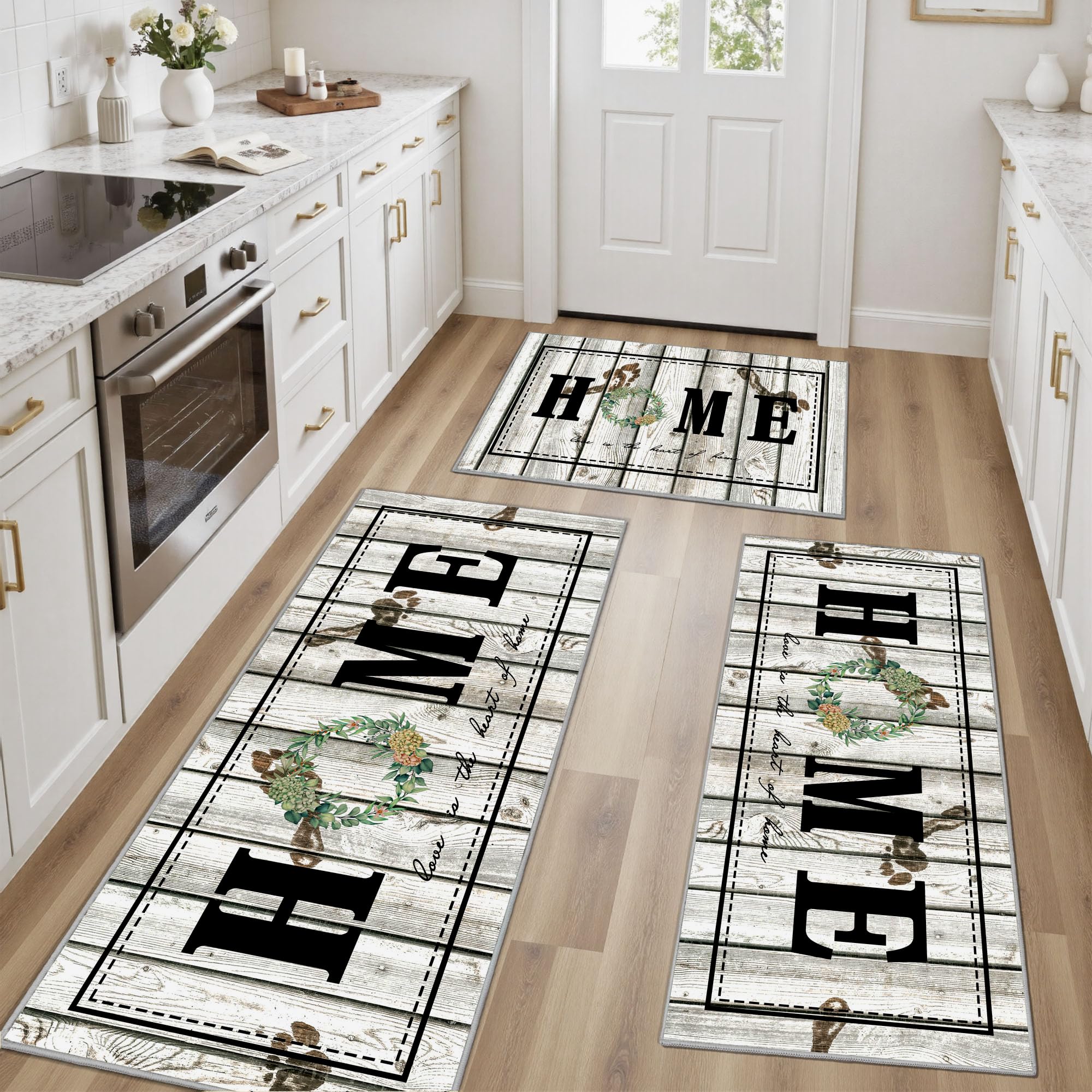 Tritard 100% Non Slip Kitchen Mats for Floor Washable Kitchen Rugs Sets of 3 Farmhouse Kitchen Runner Rug Soft Rustic Kitchen Floor Carpet for Hallway, Laundry, Sink, Office, Brown