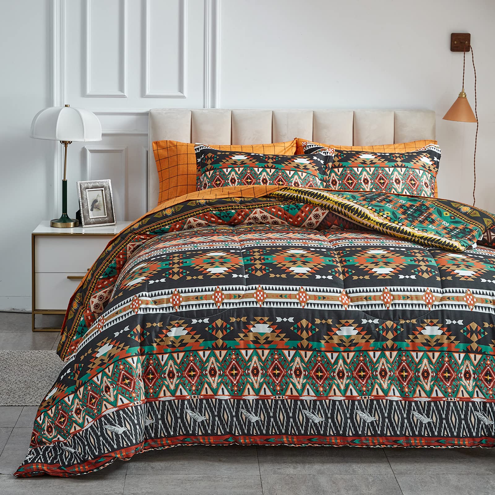 Flysheep Boho Bed in a Bag 7 Pieces King Size, Colorful Bohemian Tribal Pink n Blue Floral Reversible Bed Comforter Set (1 Comforter, 1 Flat Sheet, 1 Fitted Sheet, 2 Pillow Shams, 2 Pillowcases)