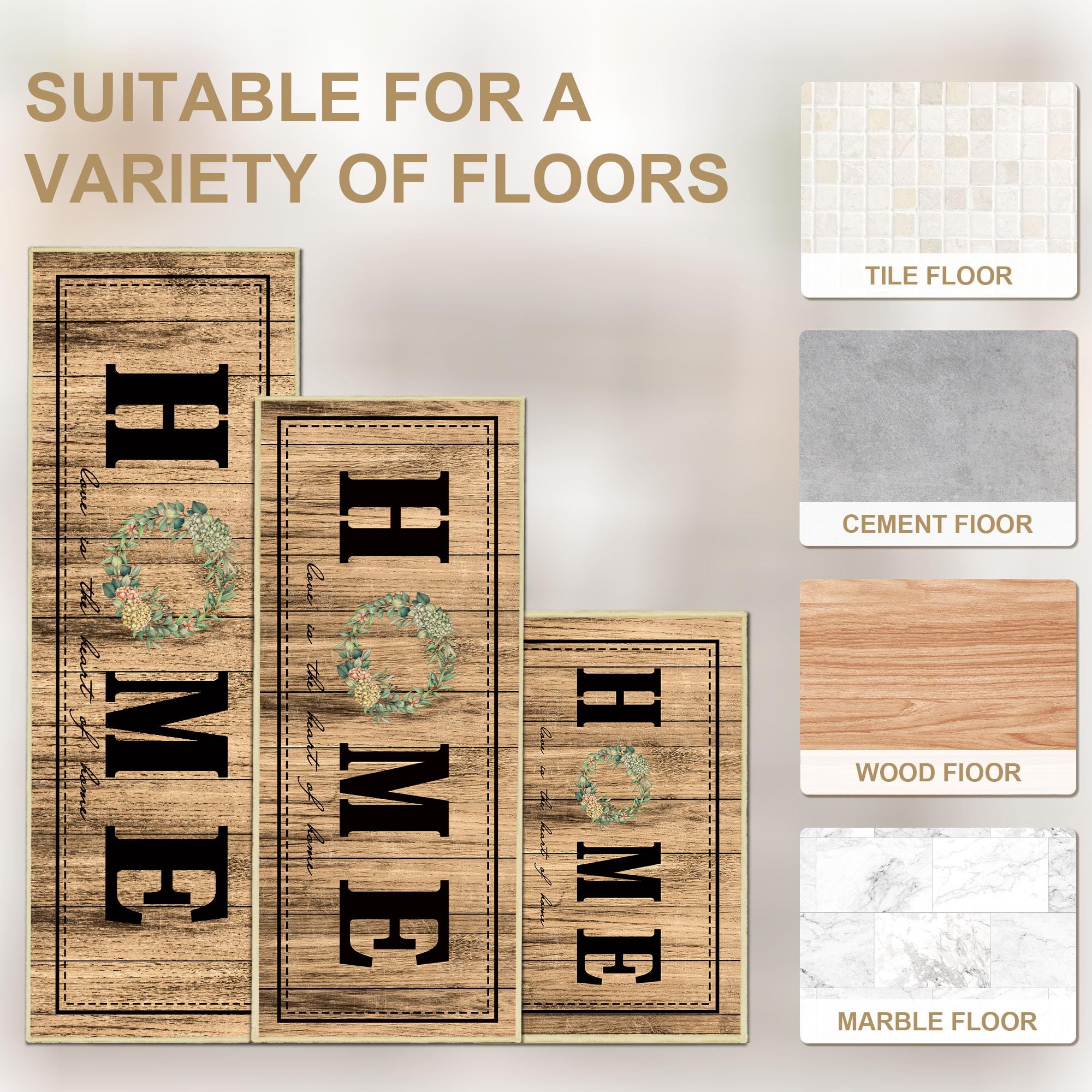 Tritard 100% Non Slip Kitchen Mats for Floor Washable Kitchen Rugs Sets of 3 Farmhouse Kitchen Runner Rug Soft Rustic Kitchen Floor Carpet for Hallway, Laundry, Sink, Office, Brown