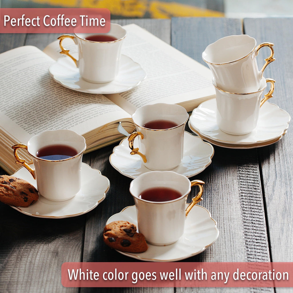 BTaT- Turkish Coffee Cup Set, 3 oz, 6 Set (12 pcs), Elegant White Cups & Saucers with Gold Trim & Gift Box, Small Porcelain Espresso Set for Serving Greek, Arabic & Turkish Coffee, Gift Giving