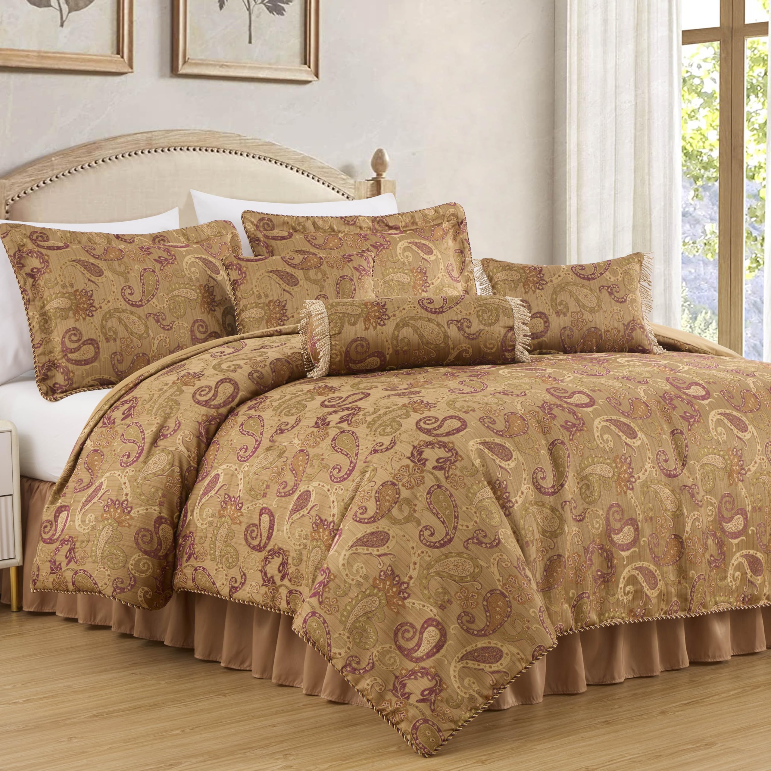 Chezmoi Collection Adelle 7-Piece Paisley Jacquard Embroidered Comforter Bedding Set, King Size