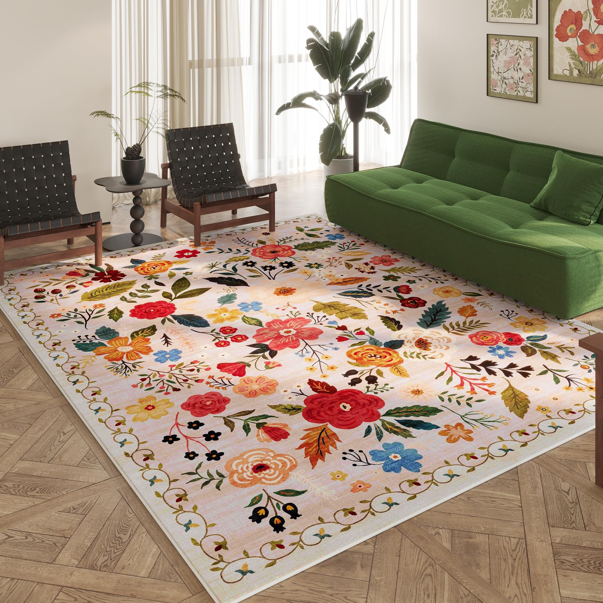 Rugcomf Area Rugs 8x10 Rug for Living Room Clearance Washable Boho Area Rug Non Slip Floral Vintage Low Pile Large Rug for Living Room, Bedroom, Farmhouse, Dining Room, Kids Playroom(Black)
