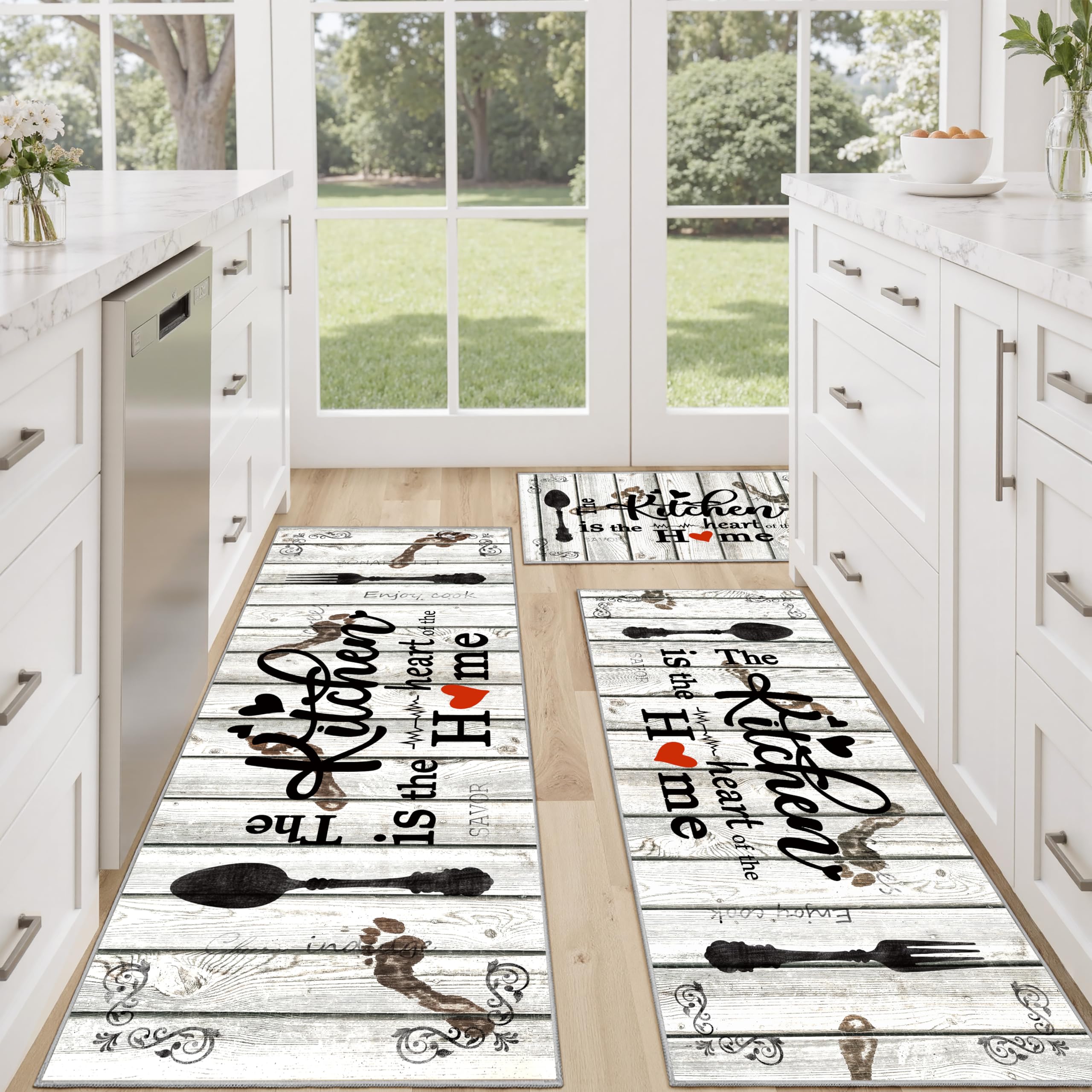 Tritard 100% Non Slip Kitchen Mats for Floor Washable Kitchen Rugs Sets of 3 Farmhouse Kitchen Runner Rug Soft Rustic Kitchen Floor Carpet for Hallway, Laundry, Sink, Office, Brown