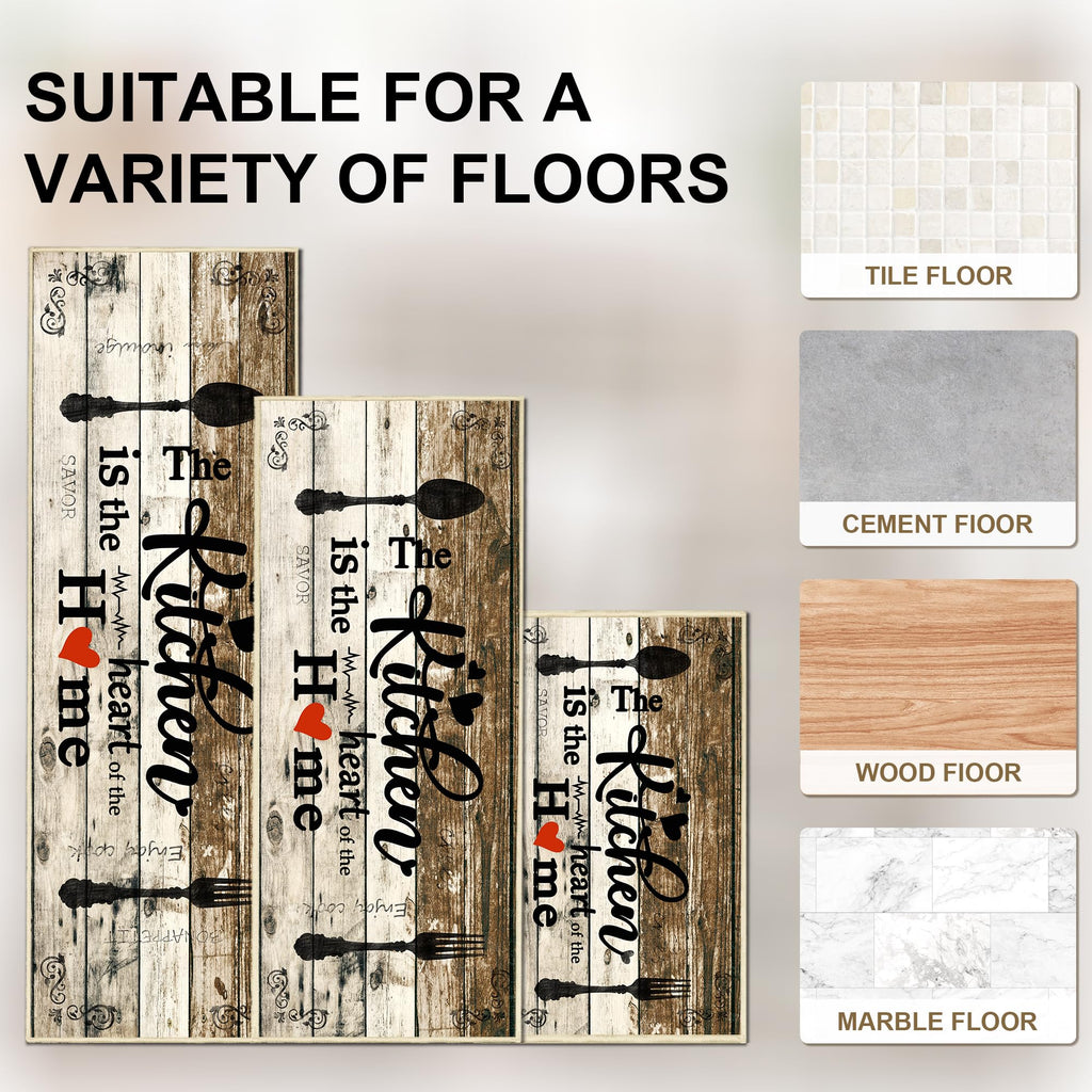 Tritard 100% Non Slip Kitchen Mats for Floor Washable Kitchen Rugs Sets of 3 Farmhouse Kitchen Runner Rug Soft Rustic Kitchen Floor Carpet for Hallway, Laundry, Sink, Office, Brown