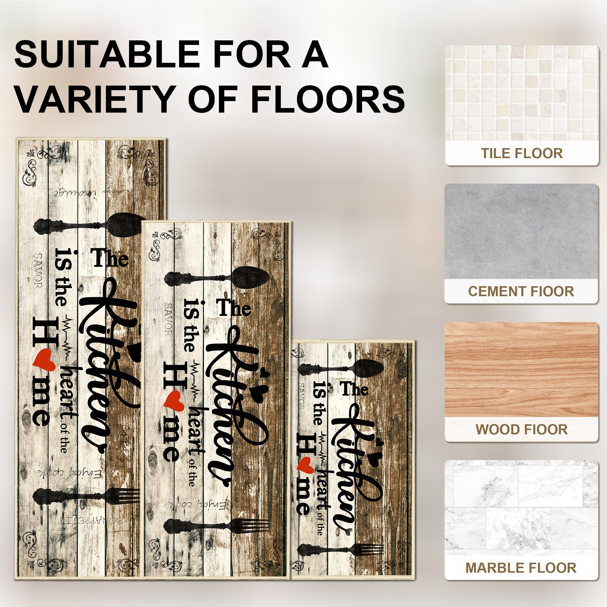 Tritard 100% Non Slip Kitchen Mats for Floor Washable Kitchen Rugs Sets of 3 Farmhouse Kitchen Runner Rug Soft Rustic Kitchen Floor Carpet for Hallway, Laundry, Sink, Office, Brown