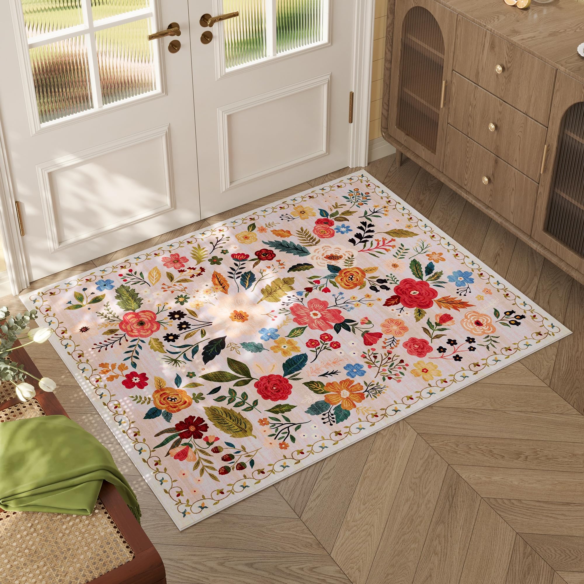 Rugcomf Area Rugs 8x10 Rug for Living Room Clearance Washable Boho Area Rug Non Slip Floral Vintage Low Pile Large Rug for Living Room, Bedroom, Farmhouse, Dining Room, Kids Playroom(Black)