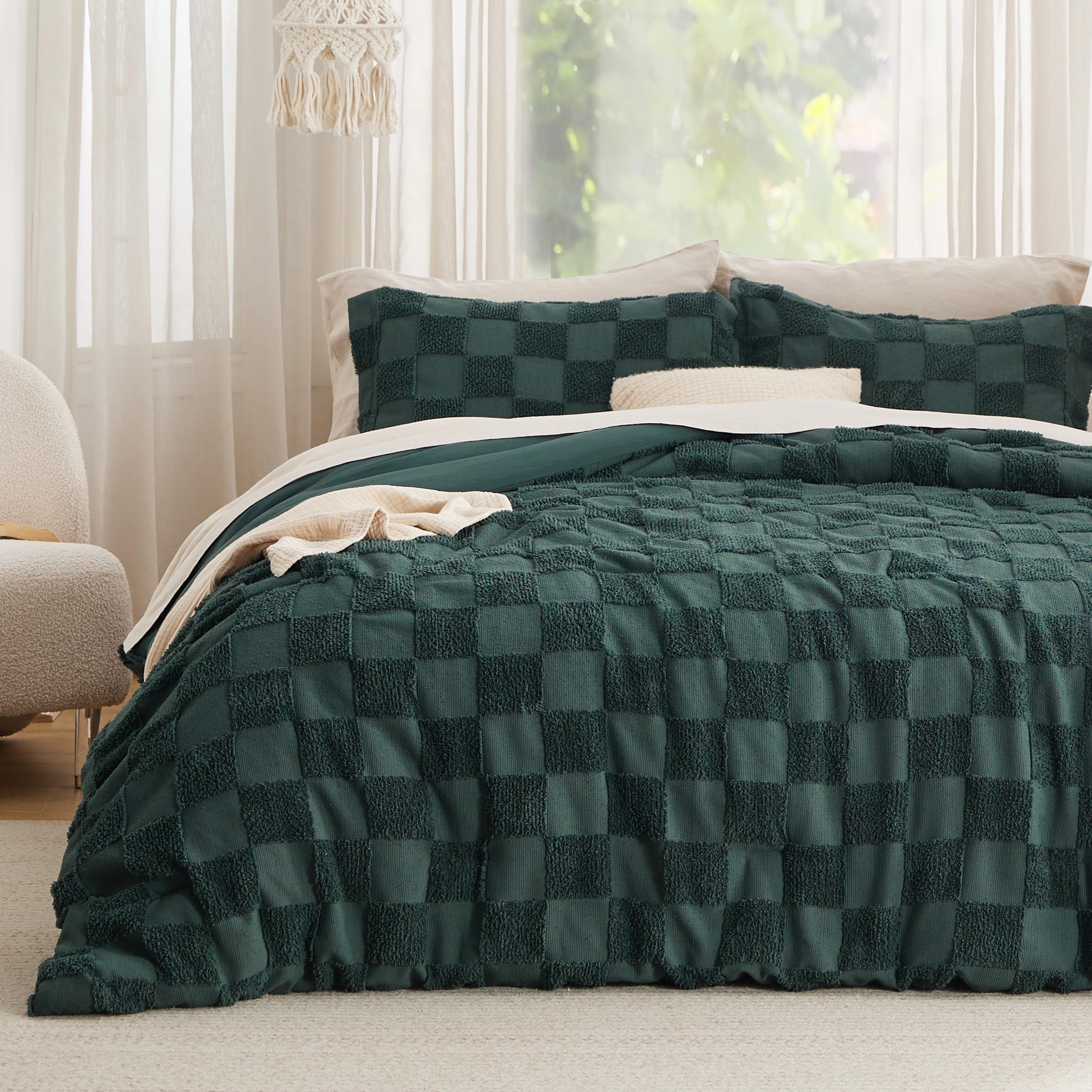 Bedsure King Size Comforter Set Beige, Boho Tufted Bed Set, Checkered Farmhouse-Style Distressed Vintage Bedding, 3 Pieces, 1 Plaid Geometric Comforter and 2 Pillow Shams