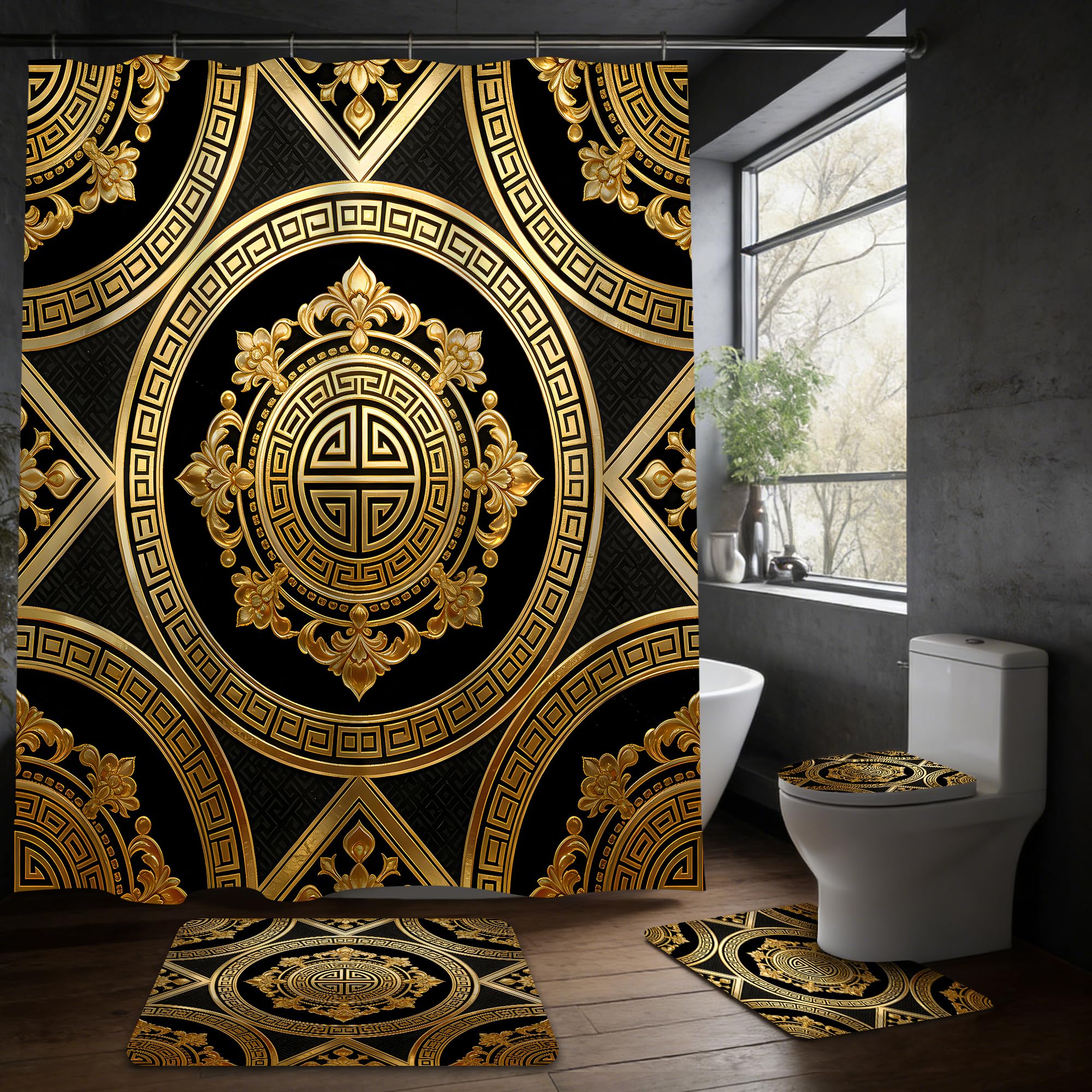 Yizheer Luxury 4Pcs Black & Gold Shower Curtain Set, Damascus Pattern Waterproof Bathroom Decor Kit (Shower Curtain + Bath Rugs + Toilet Lid Cover + Hooks), Elegant Vintage Curtain for Bathroom
