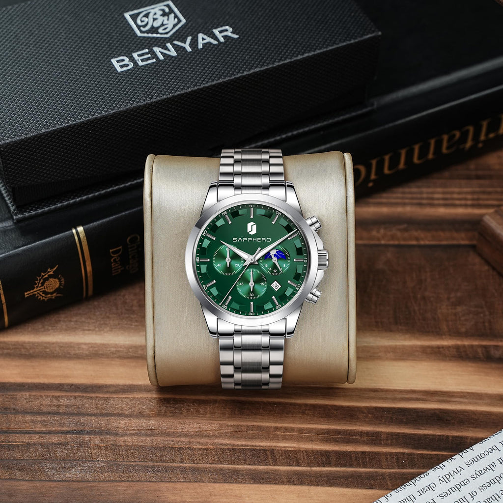 SAPPHERO Chronograph Watches for Men, Original Business Casual Stainless Steel Analog Watch 50M Waterproof Luminous Watches with Date Dial, Mens Gift