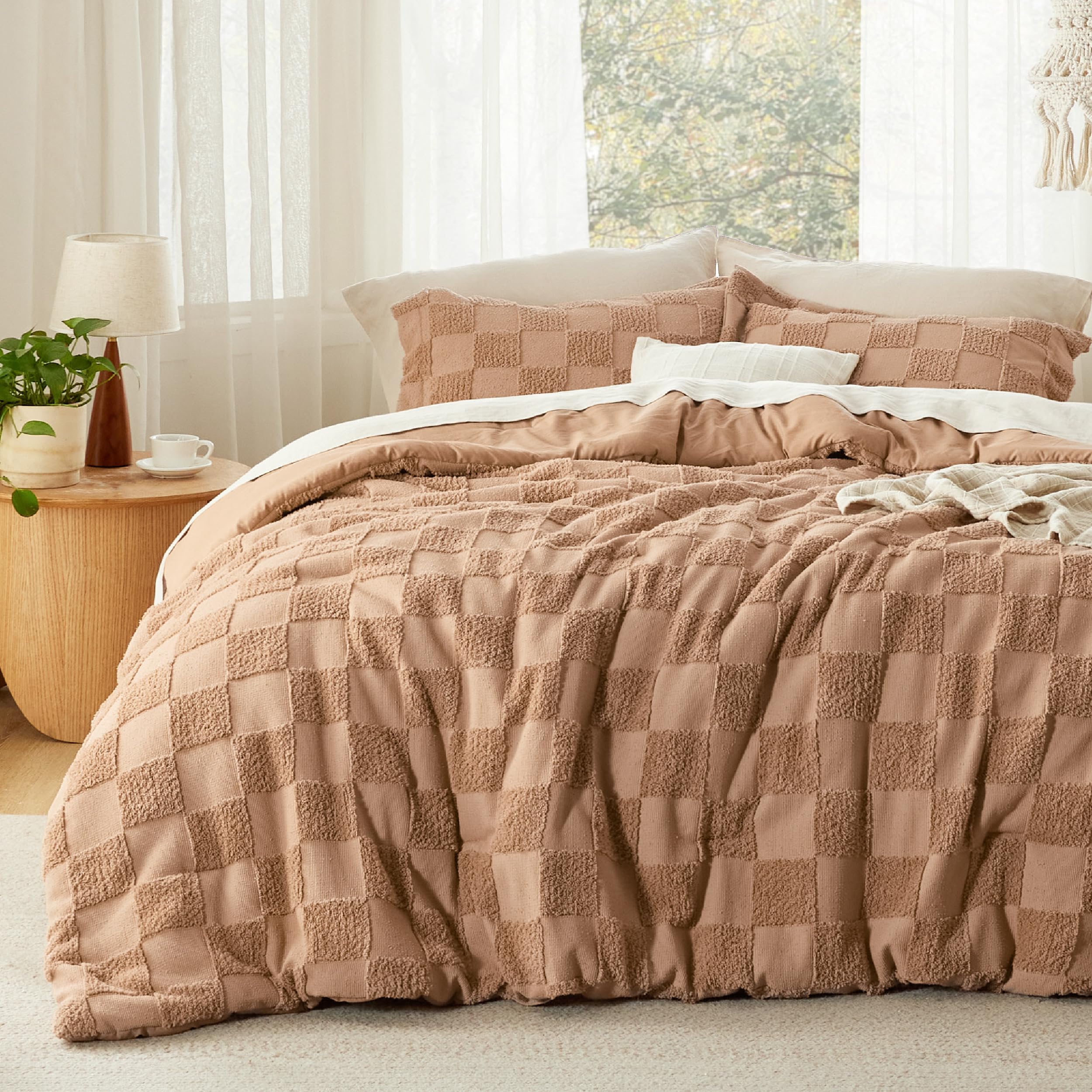 Bedsure King Size Comforter Set Beige, Boho Tufted Bed Set, Checkered Farmhouse-Style Distressed Vintage Bedding, 3 Pieces, 1 Plaid Geometric Comforter and 2 Pillow Shams