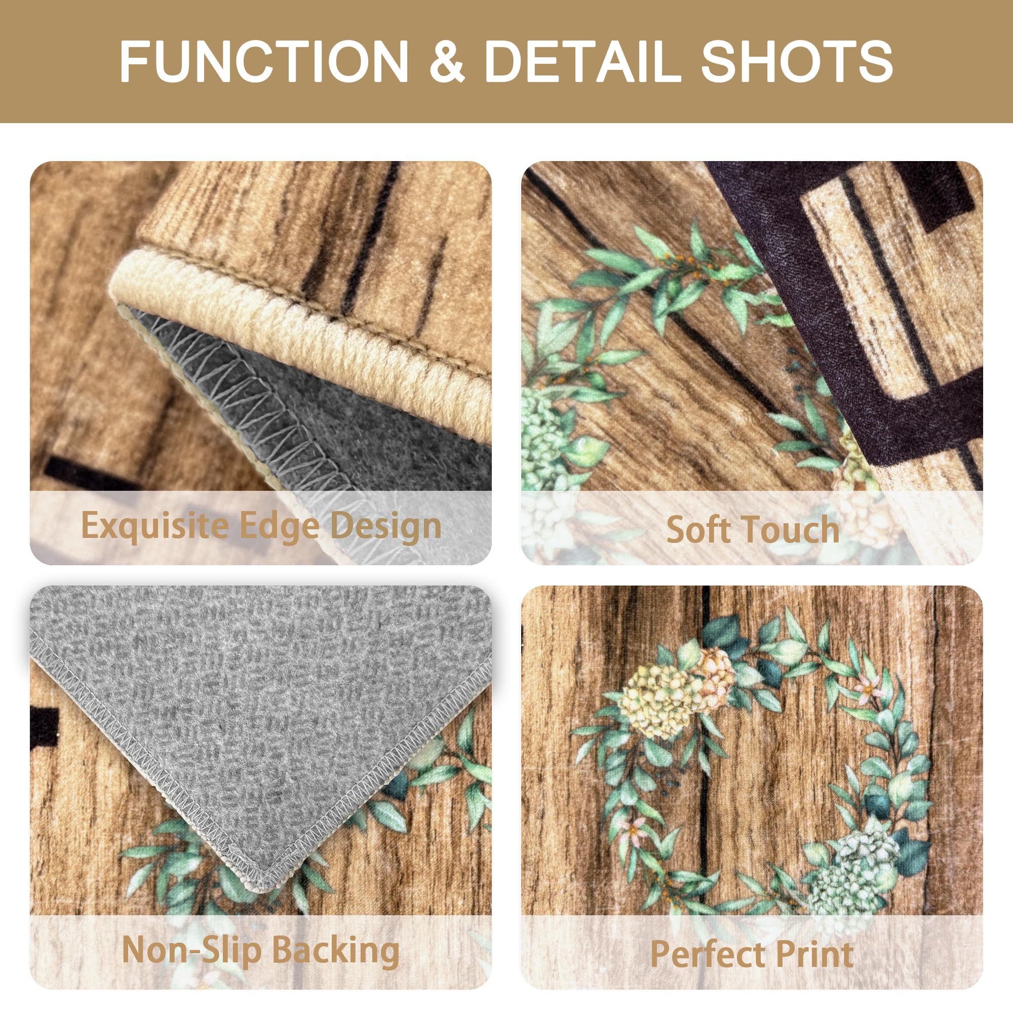 Tritard 100% Non Slip Kitchen Mats for Floor Washable Kitchen Rugs Sets of 3 Farmhouse Kitchen Runner Rug Soft Rustic Kitchen Floor Carpet for Hallway, Laundry, Sink, Office, Brown