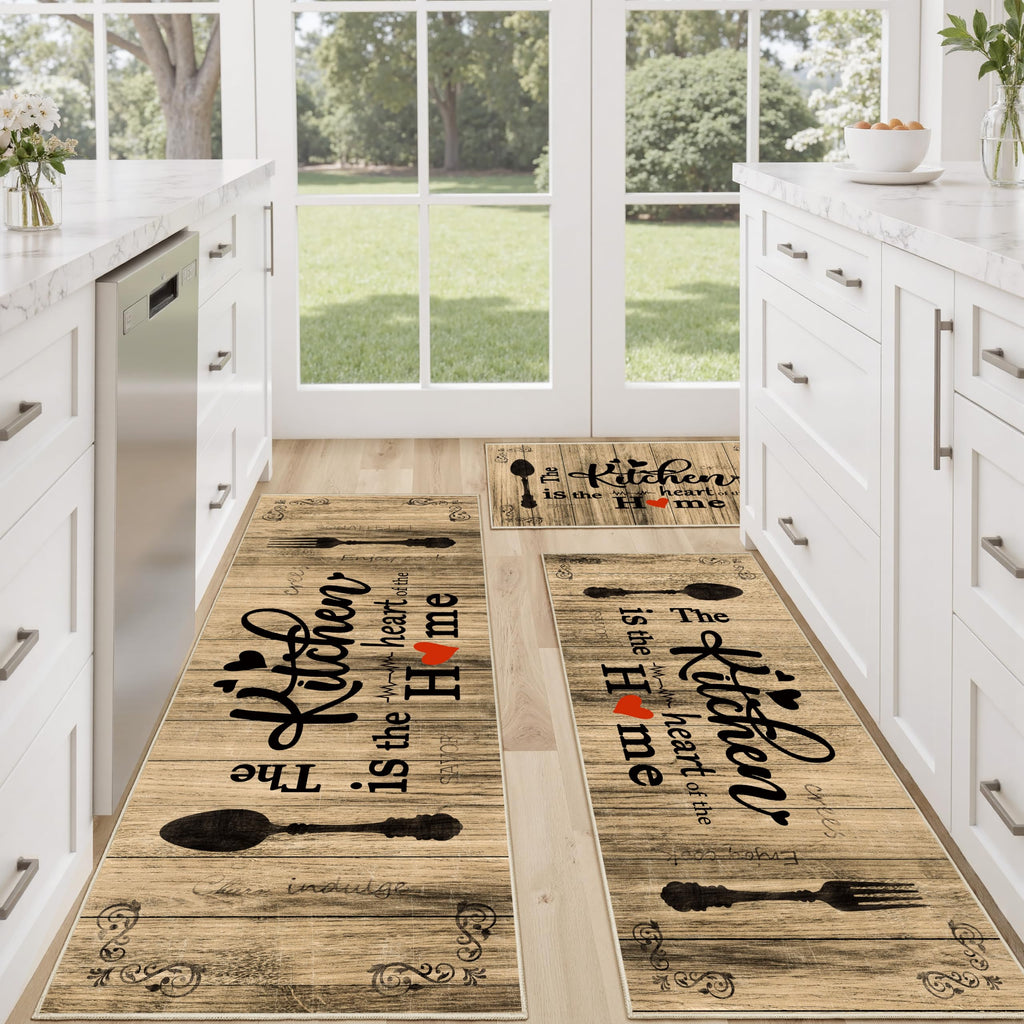 Tritard 100% Non Slip Kitchen Mats for Floor Washable Kitchen Rugs Sets of 3 Farmhouse Kitchen Runner Rug Soft Rustic Kitchen Floor Carpet for Hallway, Laundry, Sink, Office, Brown