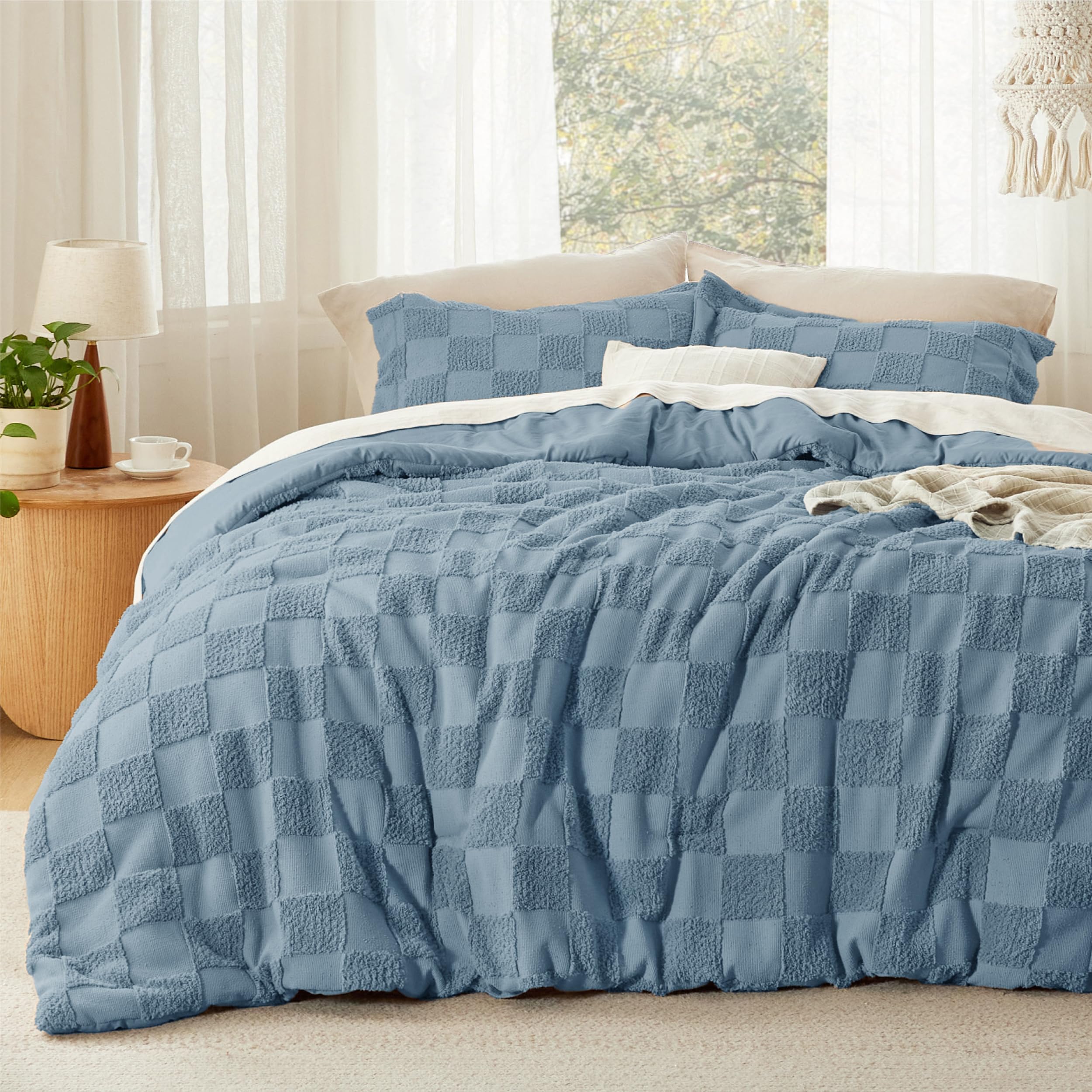 Bedsure King Size Comforter Set Beige, Boho Tufted Bed Set, Checkered Farmhouse-Style Distressed Vintage Bedding, 3 Pieces, 1 Plaid Geometric Comforter and 2 Pillow Shams