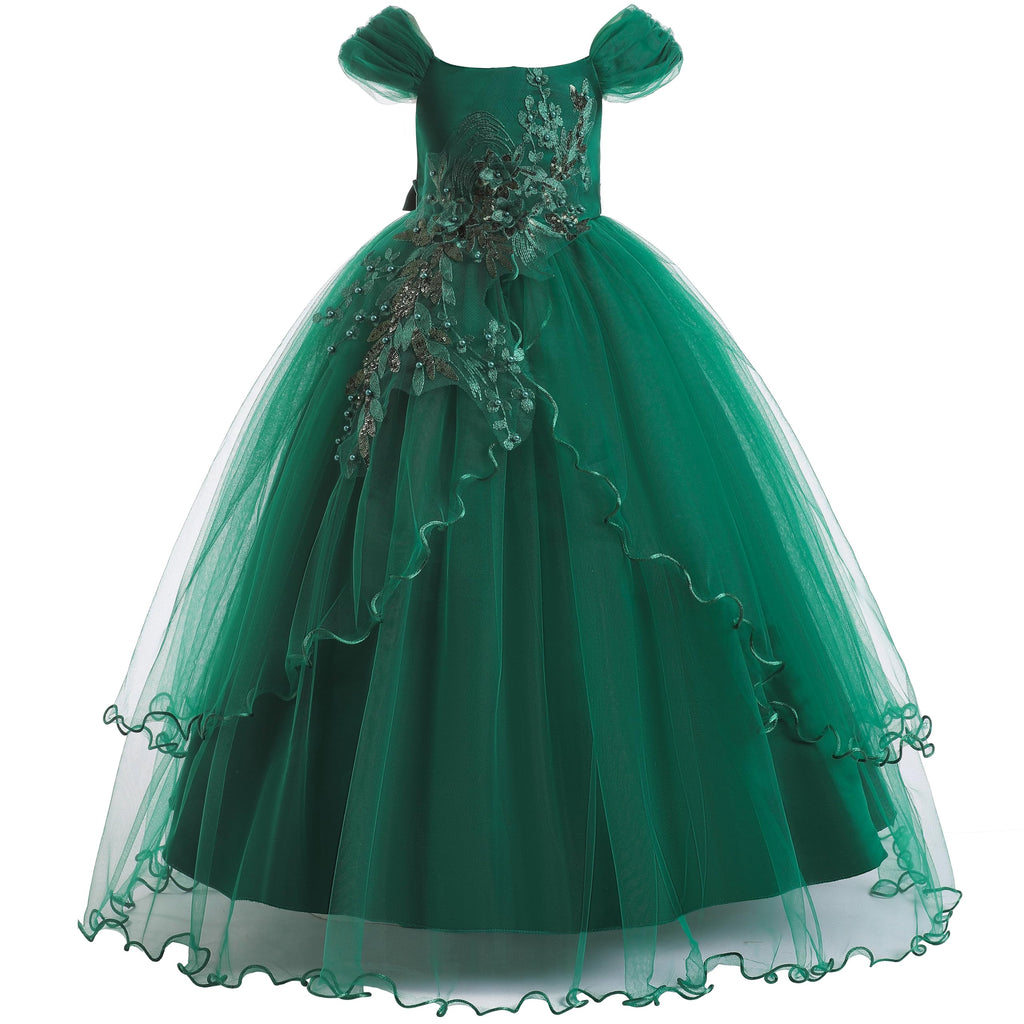 Weileenice Vintage Off the Shoulder Flower Girl Dress Lace Embroidery Little/Big Girls Wedding Bridesmaid Holiday Ballgown